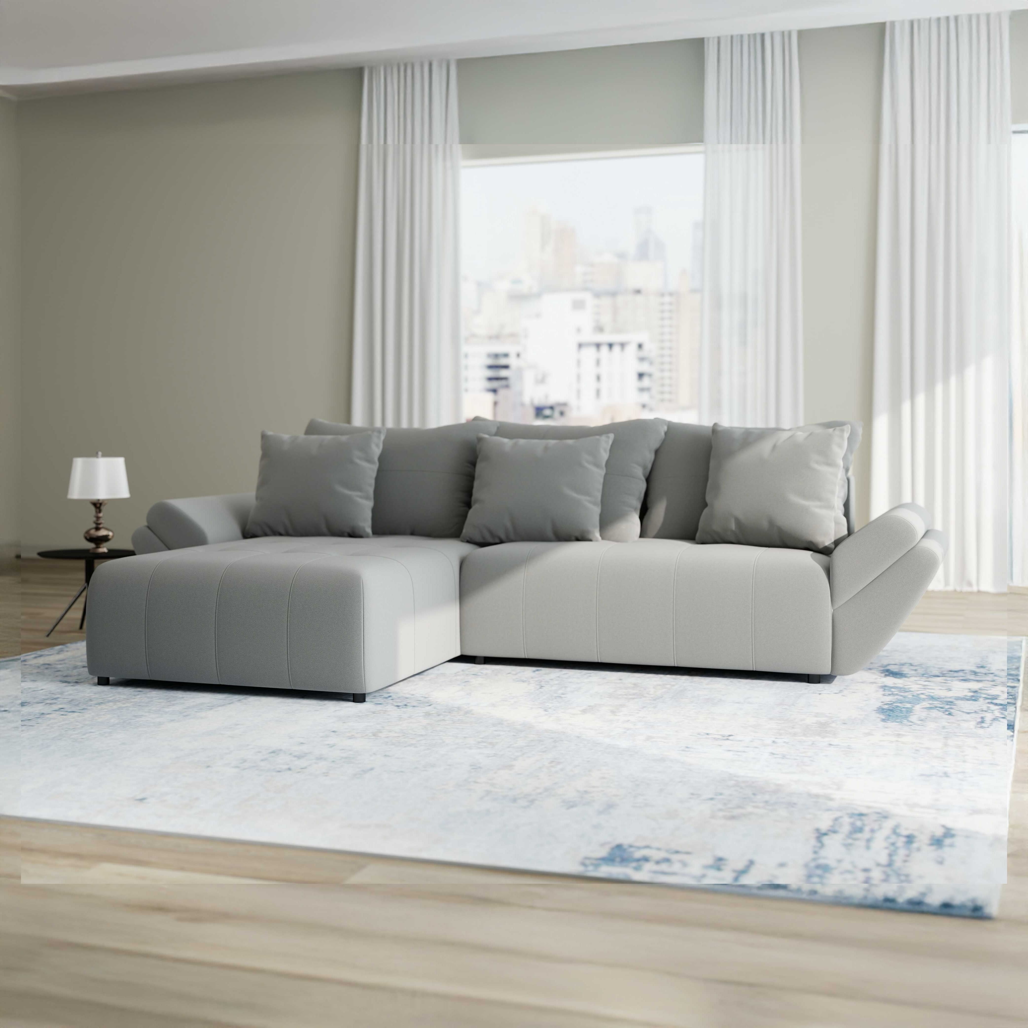 Colțar extensibil dumonde cu ladă de depozitare si sezut confortabil din spuma HR, Berlin Royal Gri 280x185 cm