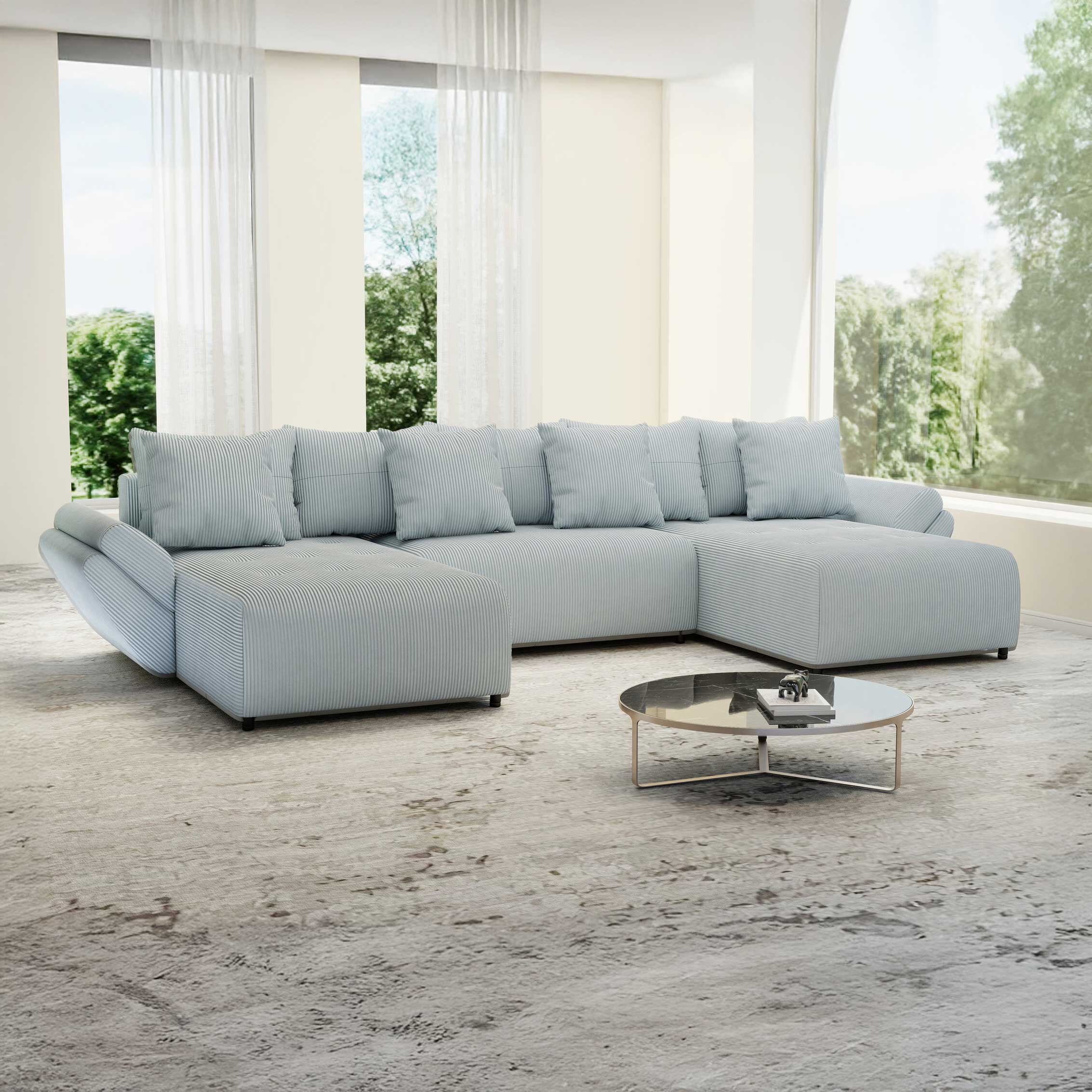 Colțar extensibil dumonde cu ladă de depozitare si sezut confortabil din spuma HR, Berlin U Zoom GREY 380x180 cm