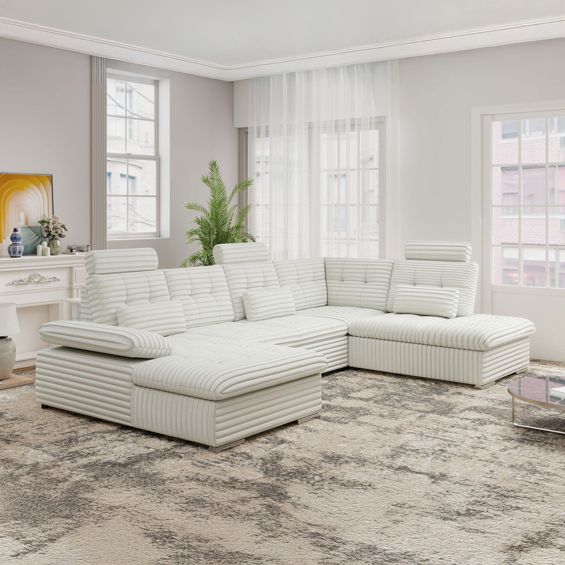 Colțar extensibil dumonde cu ladă de depozitare și șezut confortabil din spumă HR, Merkur U Ambience Alb 324x218 cm