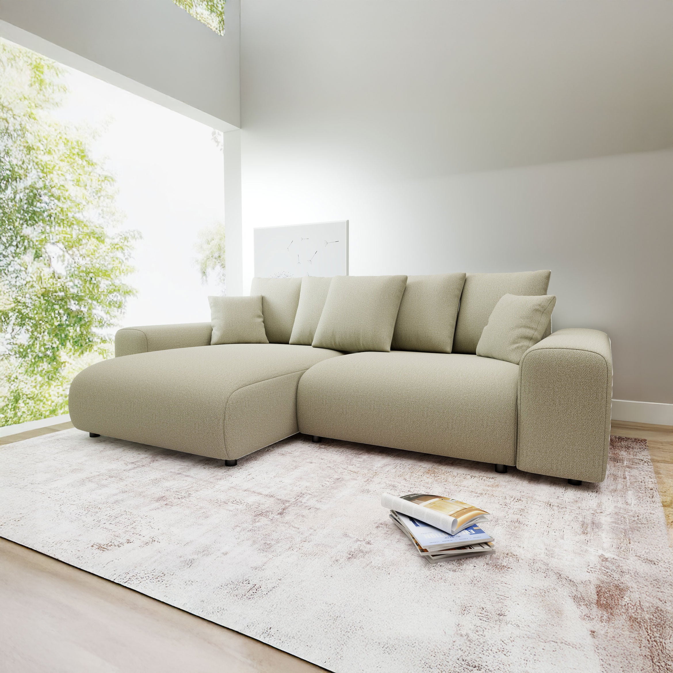 Colțar extensibil dumonde cu ladă de depozitare și șezut confortabil din spumă HR, Luma Enjoy Bej 255x168 cm