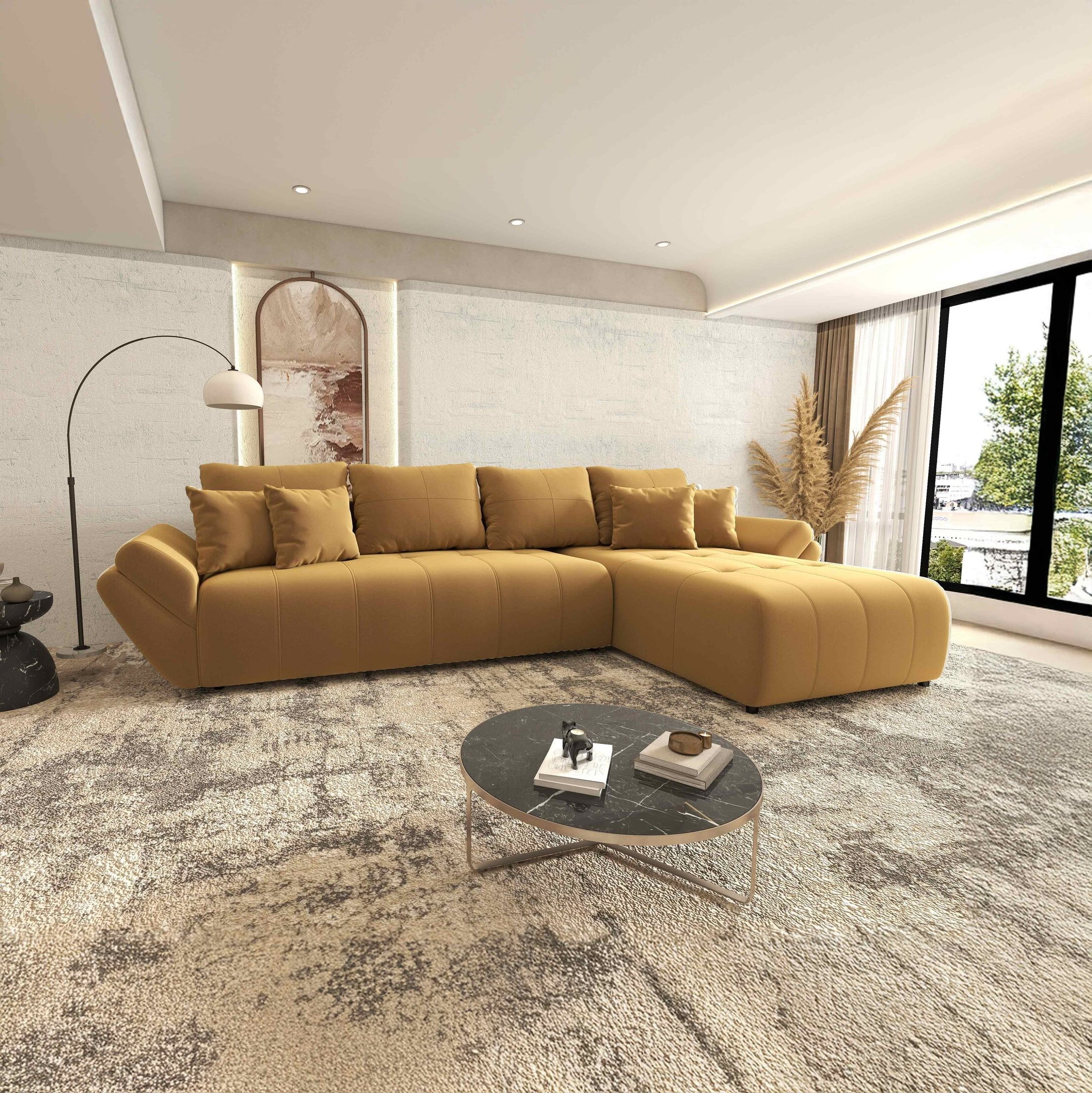 Colțar extensibil dumonde cu ladă de depozitare si sezut confortabil din spuma HR, Berlin XL Royal Mustar 350x185 cm II