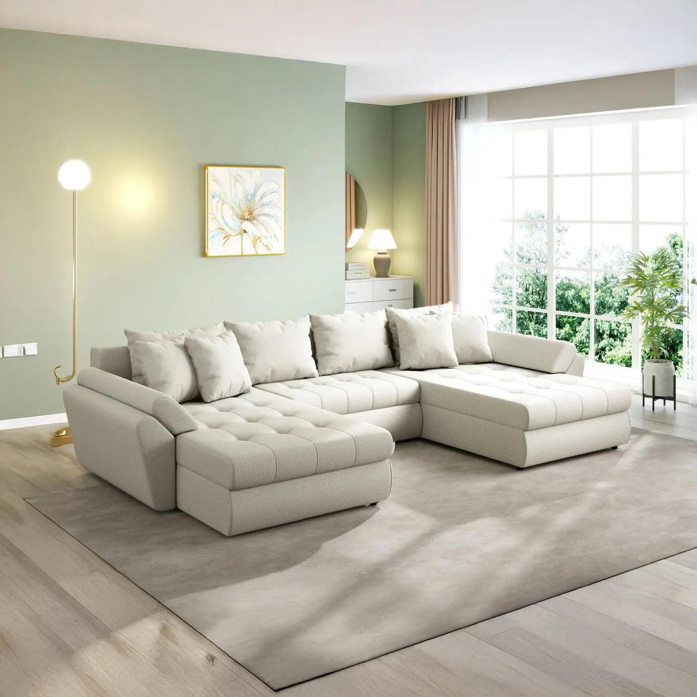 Colțar extensibil dumonde cu ladă de depozitare si sezut confortabil din spuma HR, Loana U Enjoy Bej 355x185 cm Fabrica