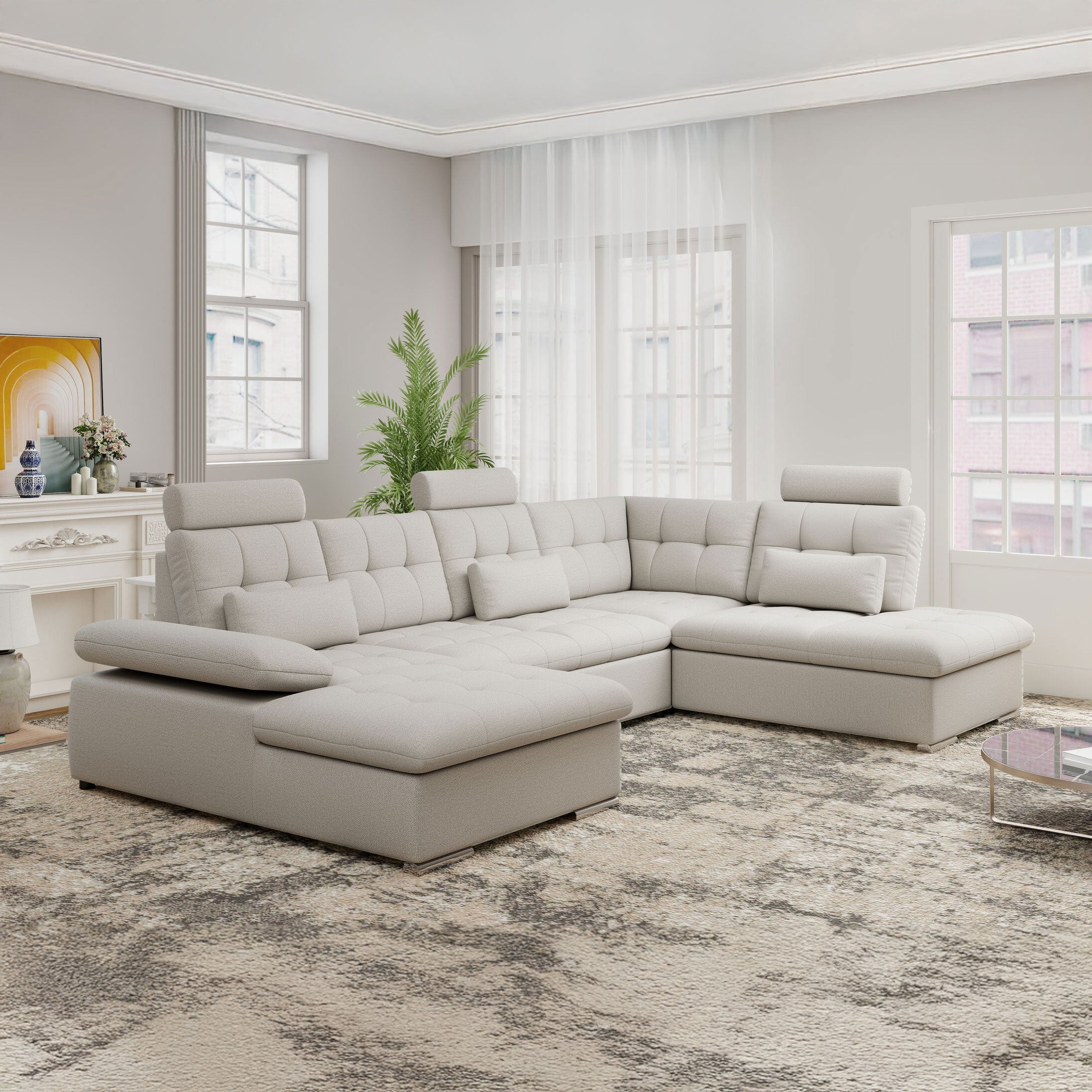 Colțar extensibil dumonde cu ladă de depozitare și șezut confortabil din spumă HR, Merkur U Enjoy Bej 324x218 cm