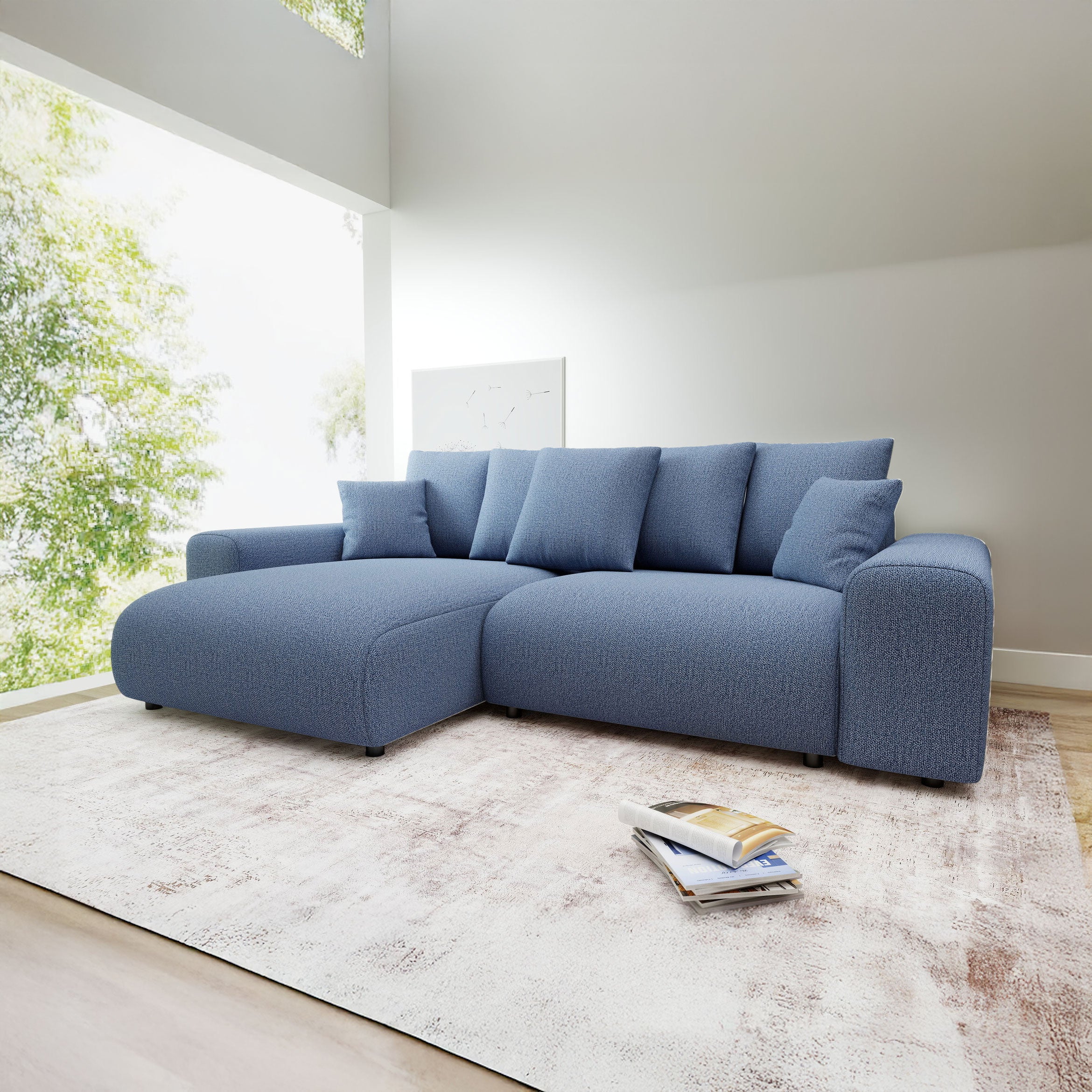 Colțar extensibil dumonde cu ladă de depozitare și șezut confortabil din spumă HR, Luma Enjoy Albastru 255x168 cm