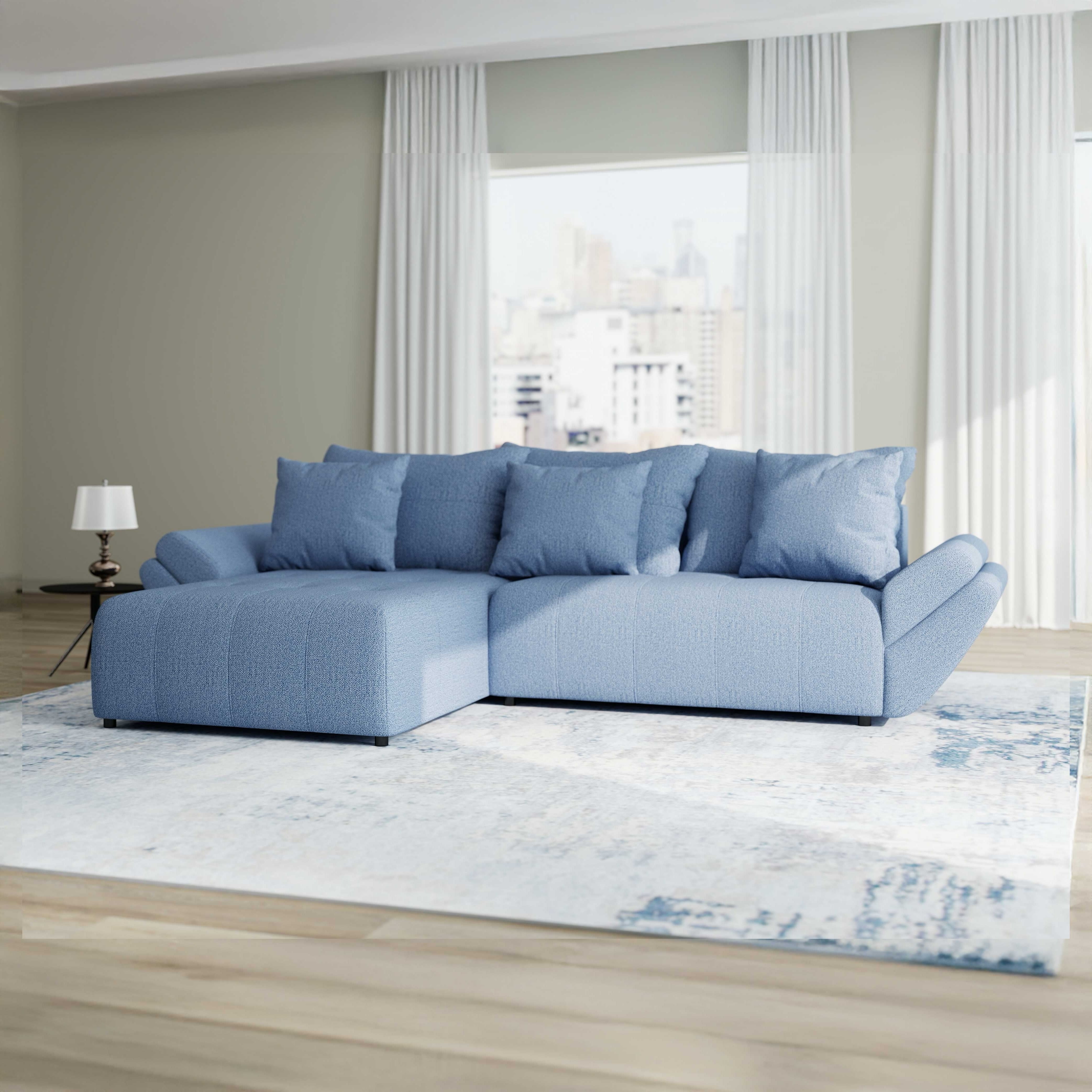 Colțar extensibil dumonde cu ladă de depozitare si sezut confortabil din spuma HR, Berlin Enjoy Albastru 280x185 cm