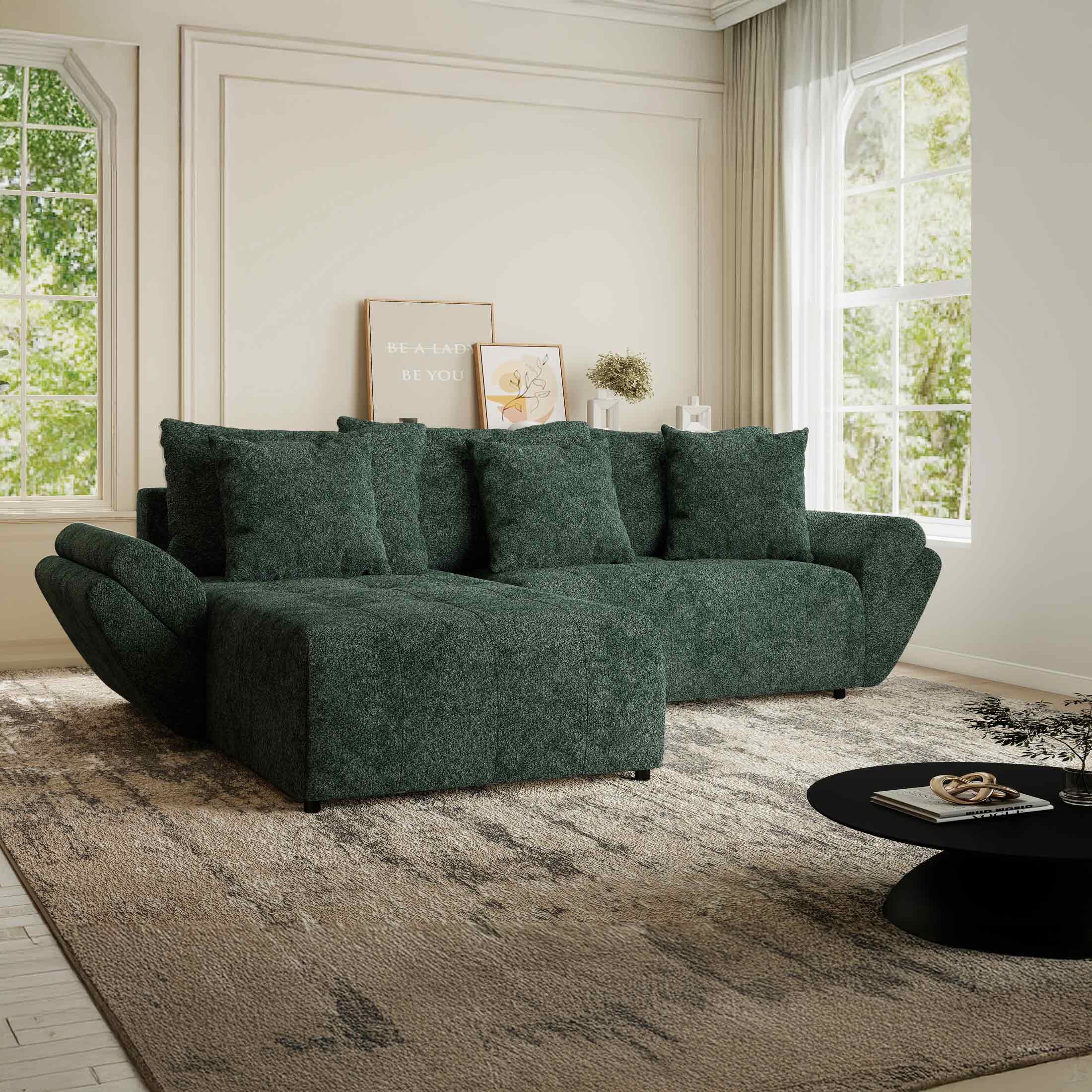 Colțar extensibil dumonde cu ladă de depozitare si sezut confortabil din spuma HR, Berlin Euphoria Verde 280x185 cm