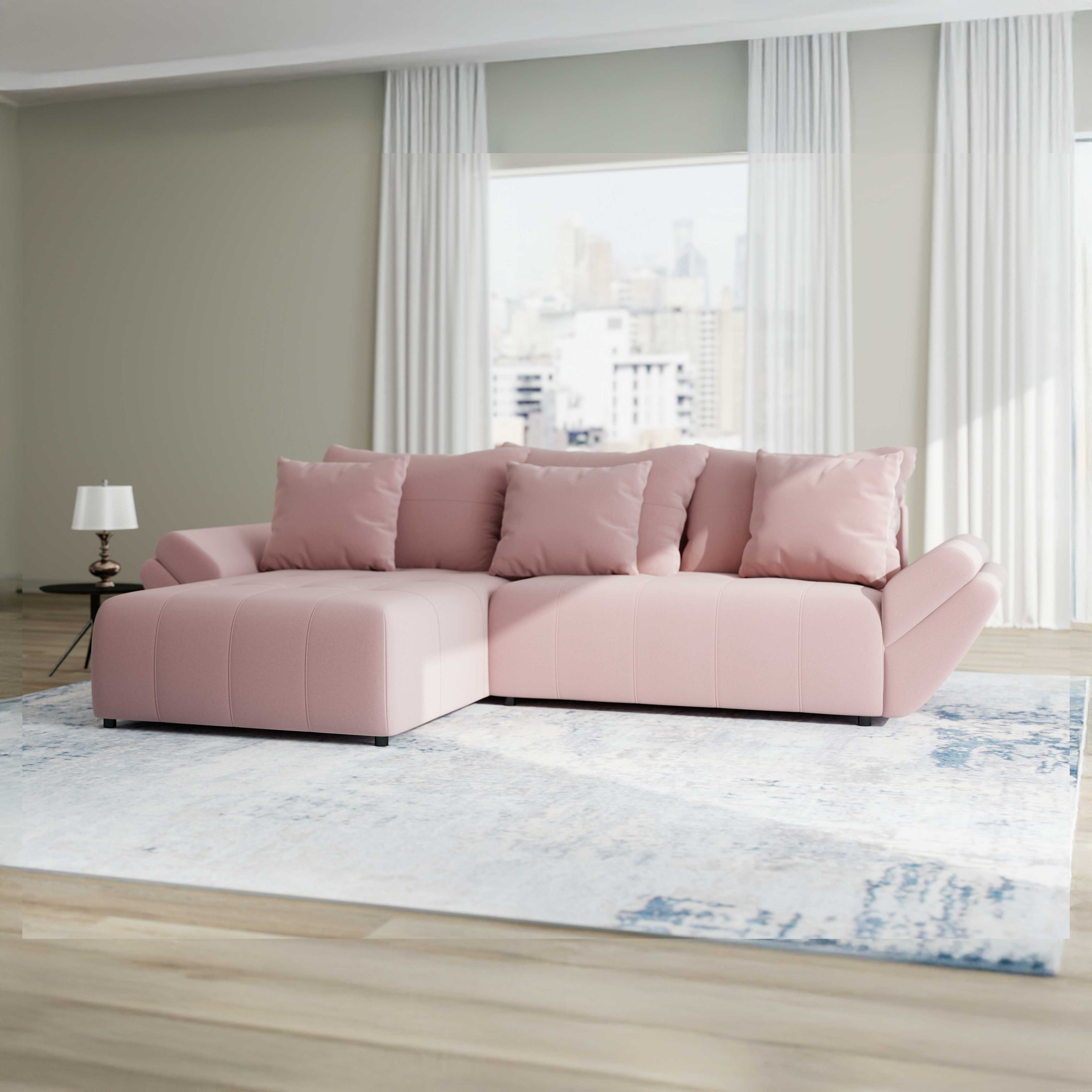 Colțar extensibil dumonde cu ladă de depozitare si sezut confortabil din spuma HR, Berlin Royal Roz 280x185 cm