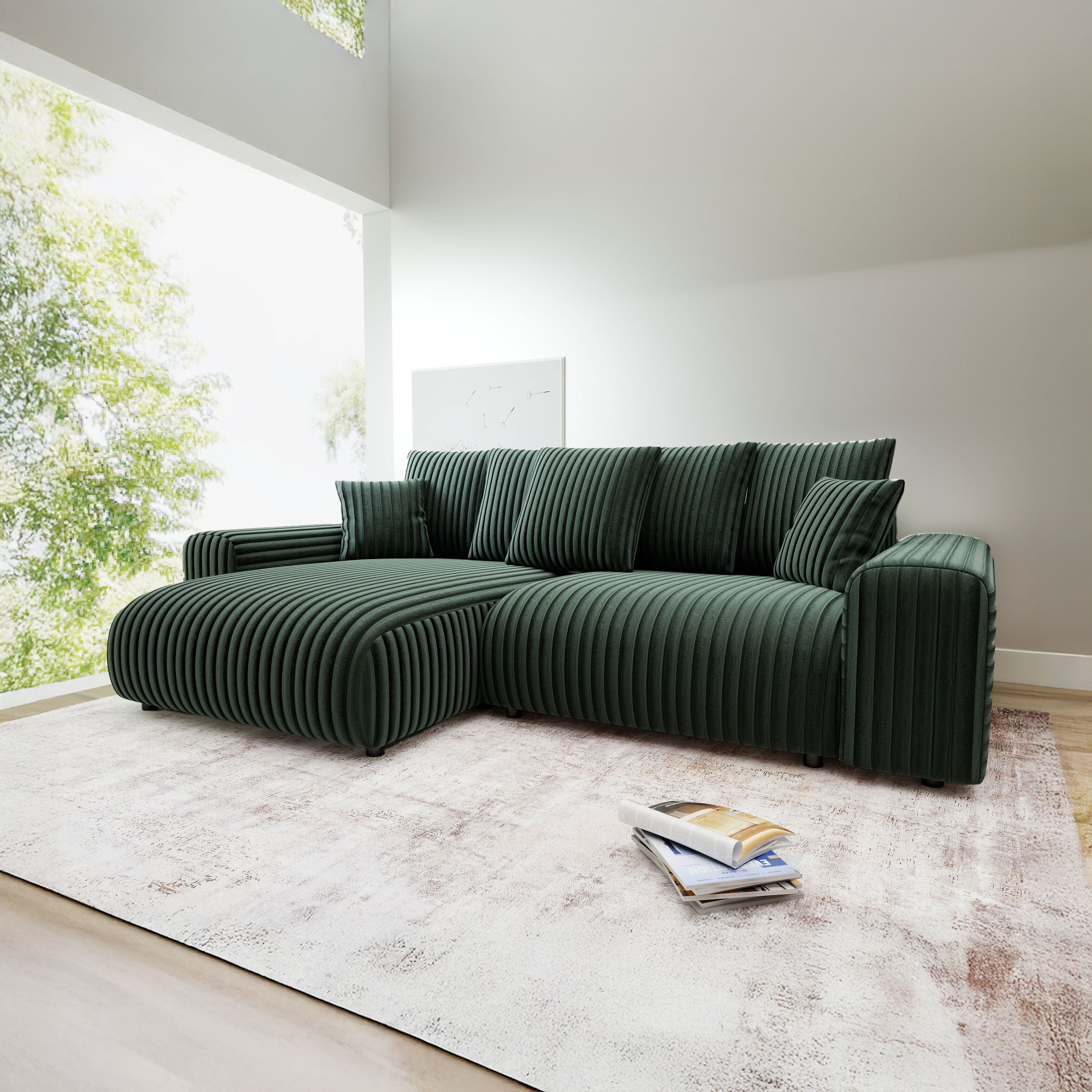 Colțar extensibil dumonde cu ladă de depozitare și șezut confortabil din spumă HR, Luma Ambience Verde 255x168 cm