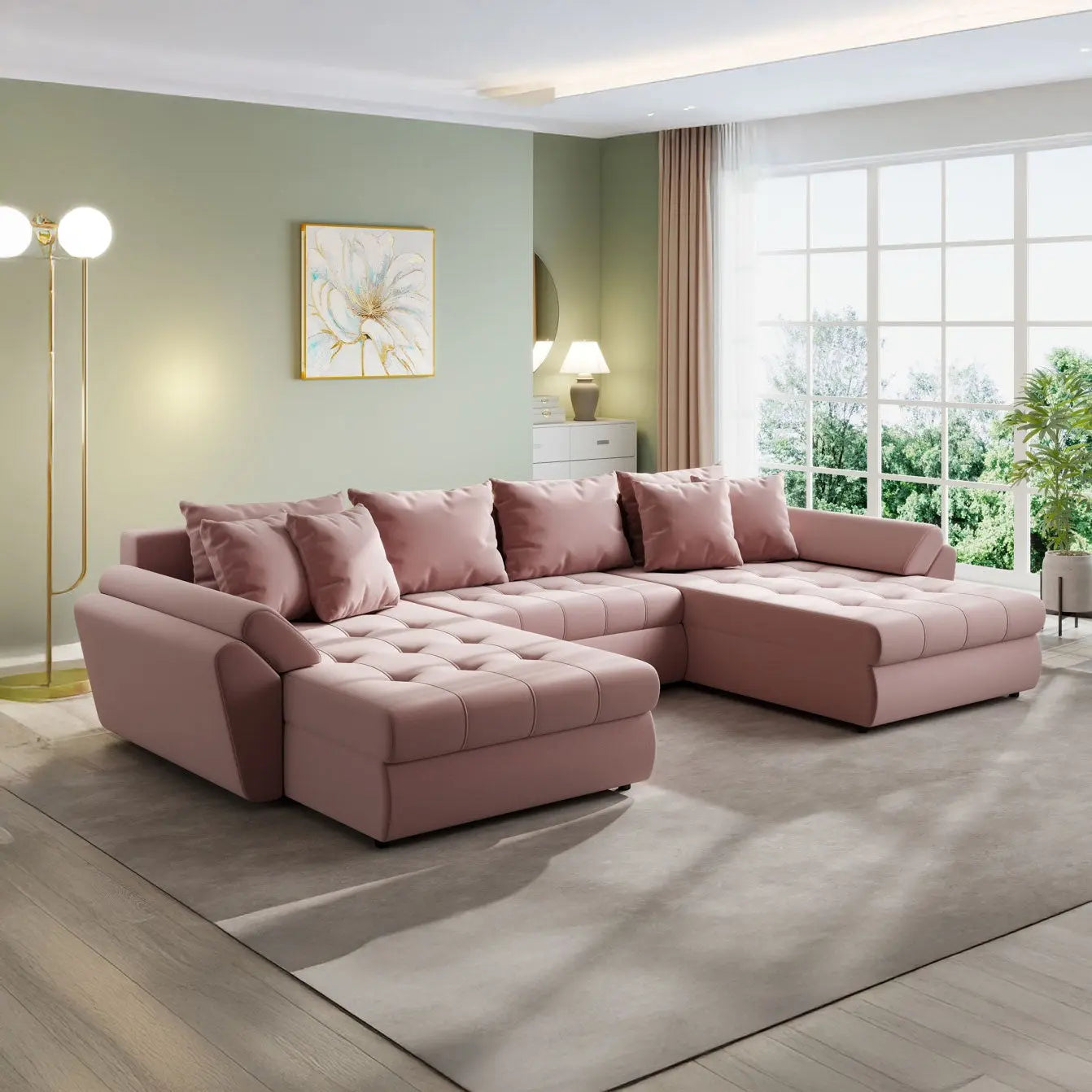 Colțar extensibil dumonde cu ladă de depozitare si sezut confortabil din spuma HR, Loana U Royal Pink 355x185 cm Fabrica