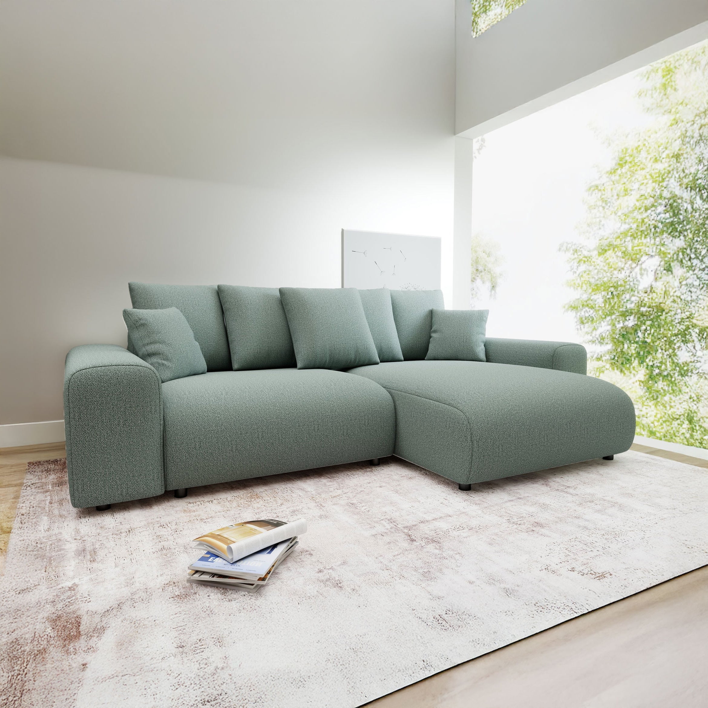 Colțar extensibil dumonde cu ladă de depozitare și șezut confortabil din spumă HR, Luma Enjoy Verde Mint 255x168 cm II