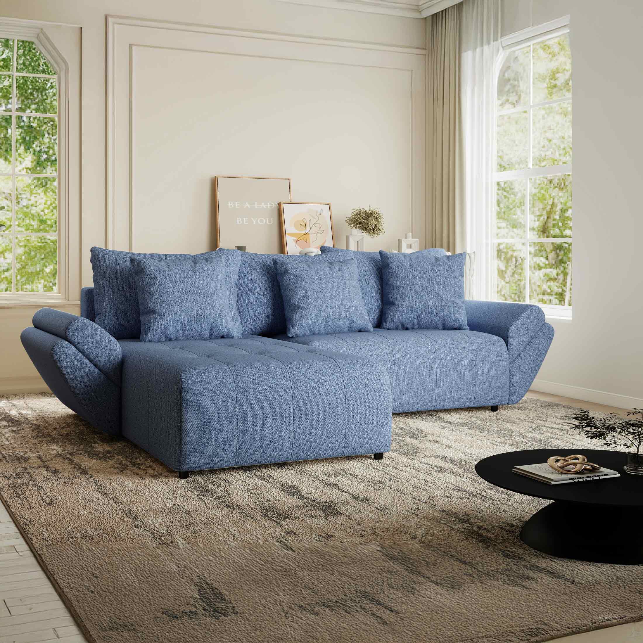 Colțar extensibil dumonde cu ladă de depozitare si sezut confortabil din spuma HR, Berlin Enjoy Albastru 280x185 cm