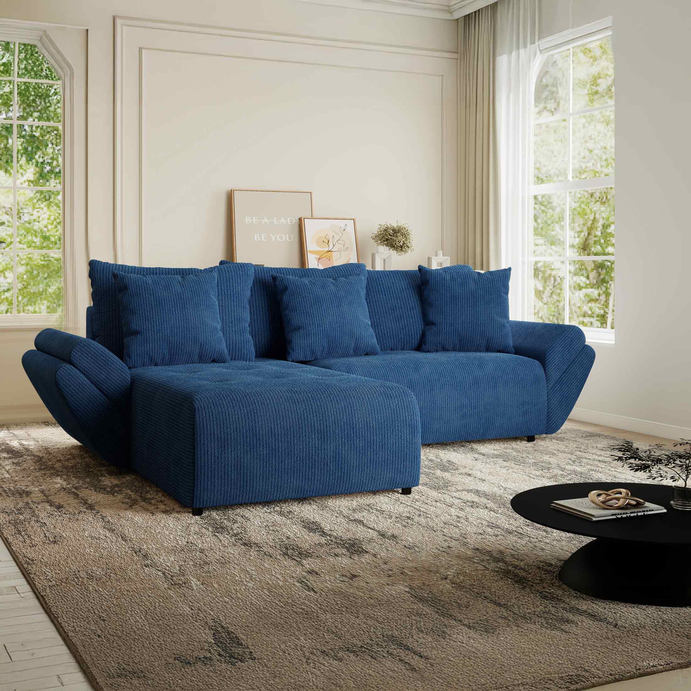 Colțar extensibil dumonde cu ladă de depozitare si sezut confortabil din spuma HR, Berlin Zoom Albastru 280x185 cm