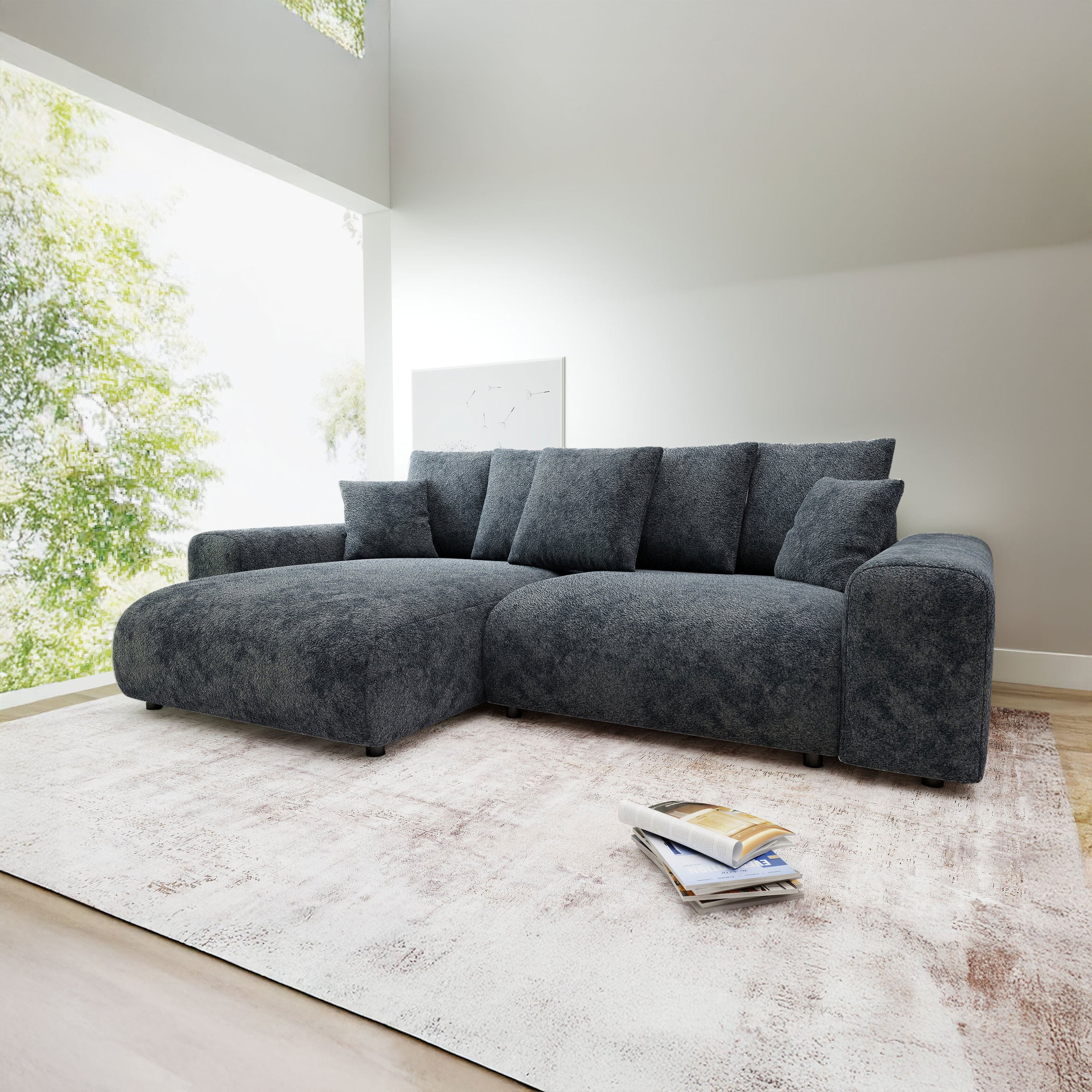 Colțar extensibil dumonde cu ladă de depozitare și șezut confortabil din spumă HR, Luma Euphoria Gri Grafit 255x168 cm