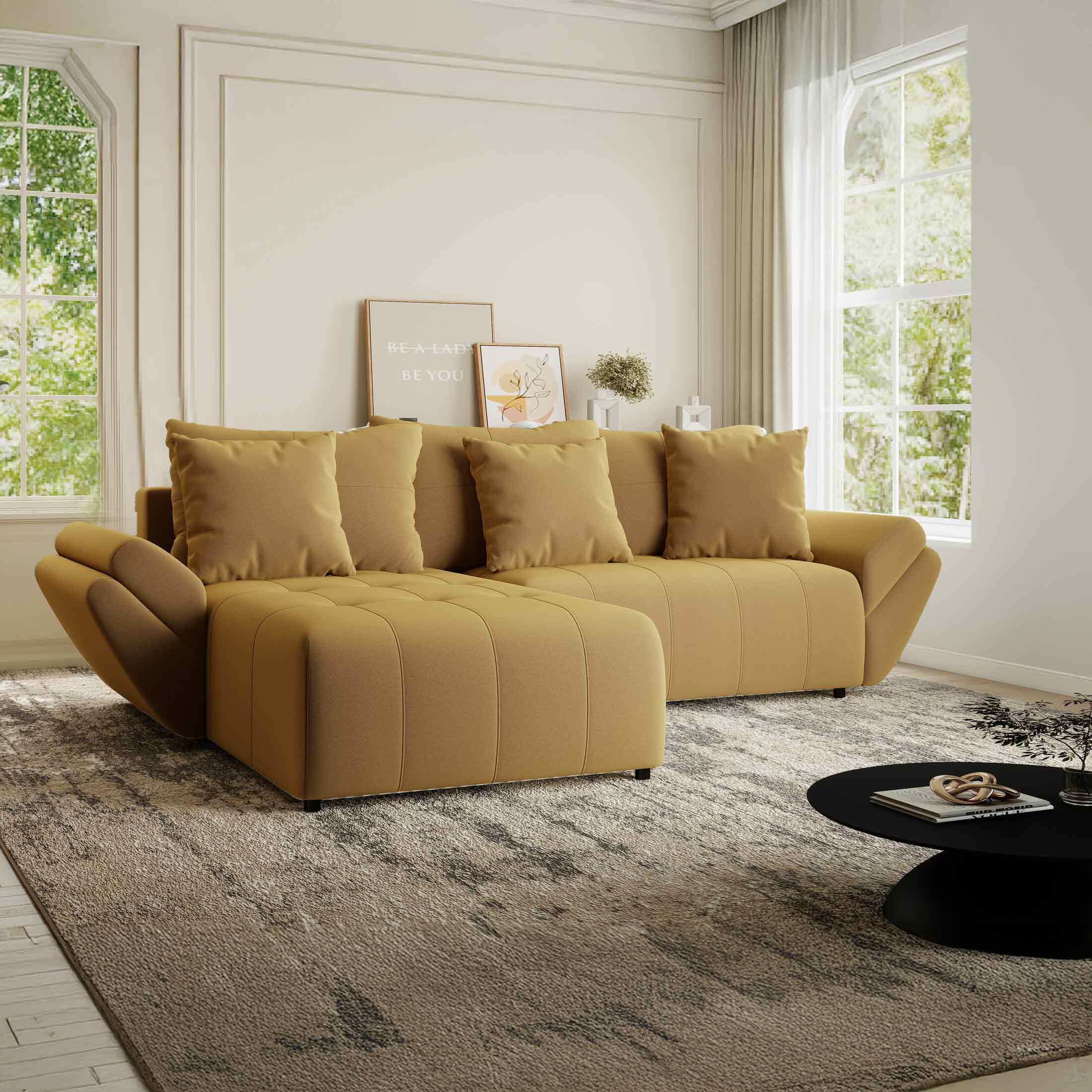 Colțar extensibil dumonde cu ladă de depozitare si sezut confortabil din spuma HR, Berlin Royal Galben Mustar 280x185 cm