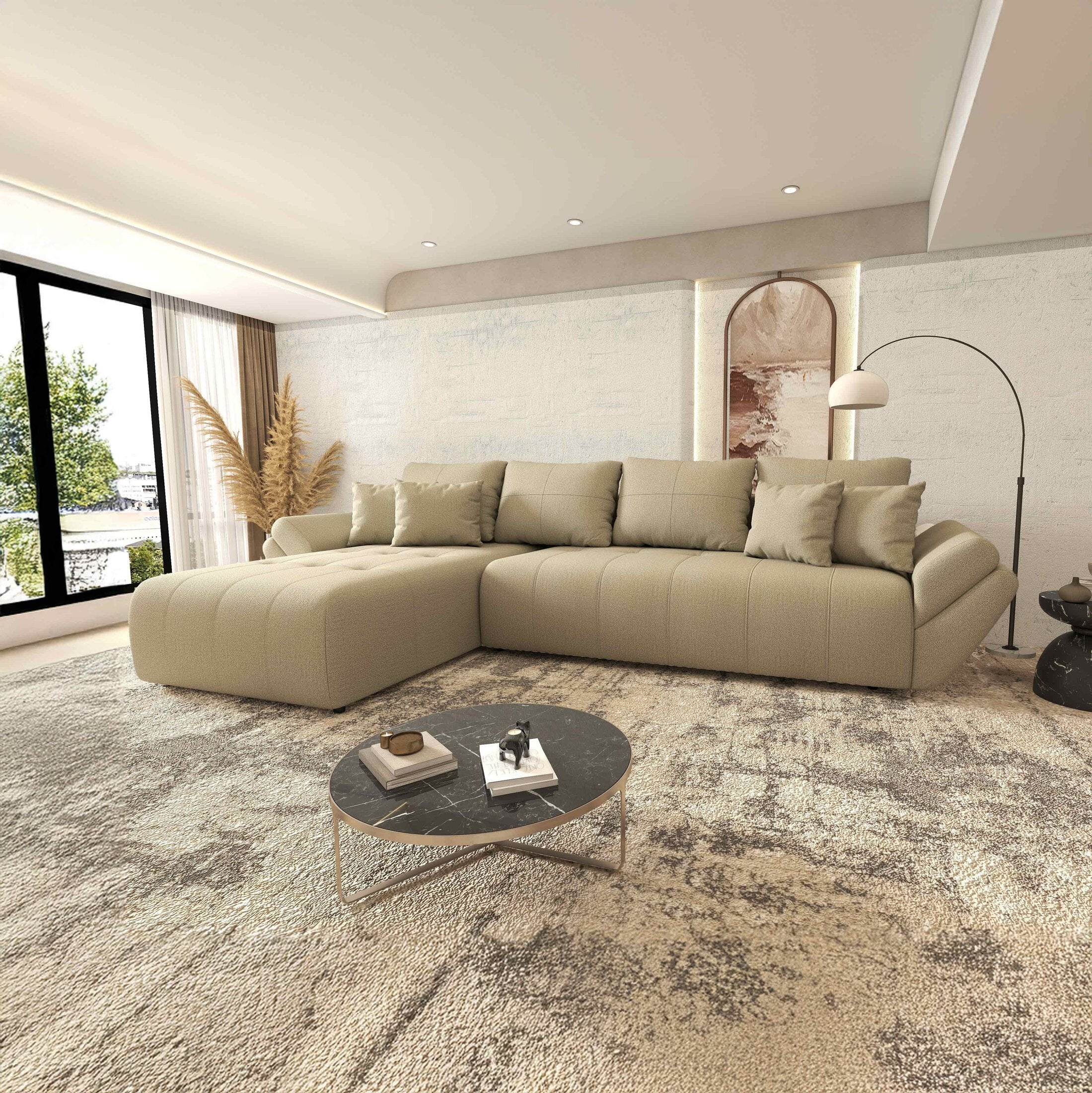 Colțar extensibil dumonde cu ladă de depozitare si sezut confortabil din spuma HR, Berlin XL Enjoy Camel 350x185 cm