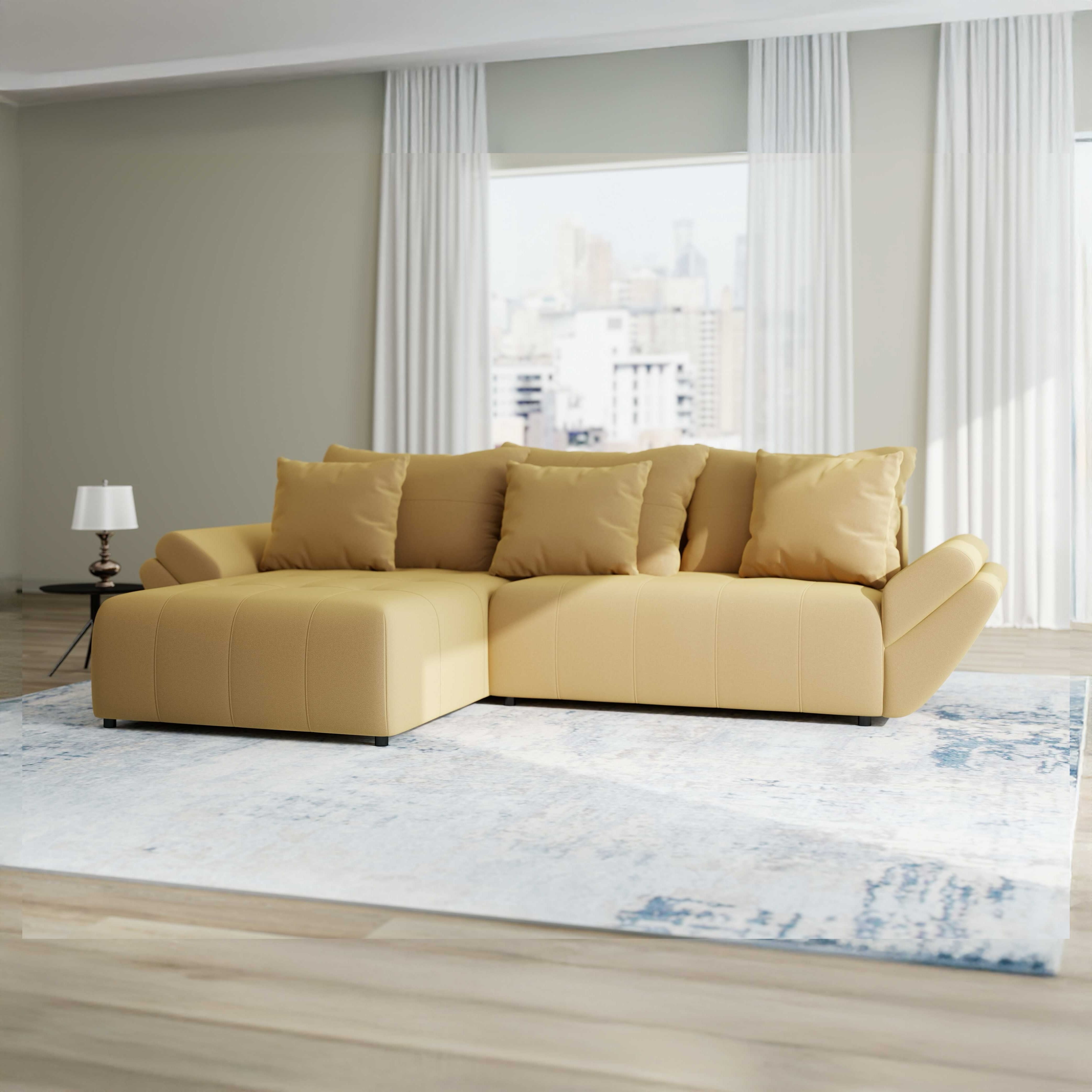 Colțar extensibil dumonde cu ladă de depozitare si sezut confortabil din spuma HR, Berlin Royal Galben Mustar 280x185 cm