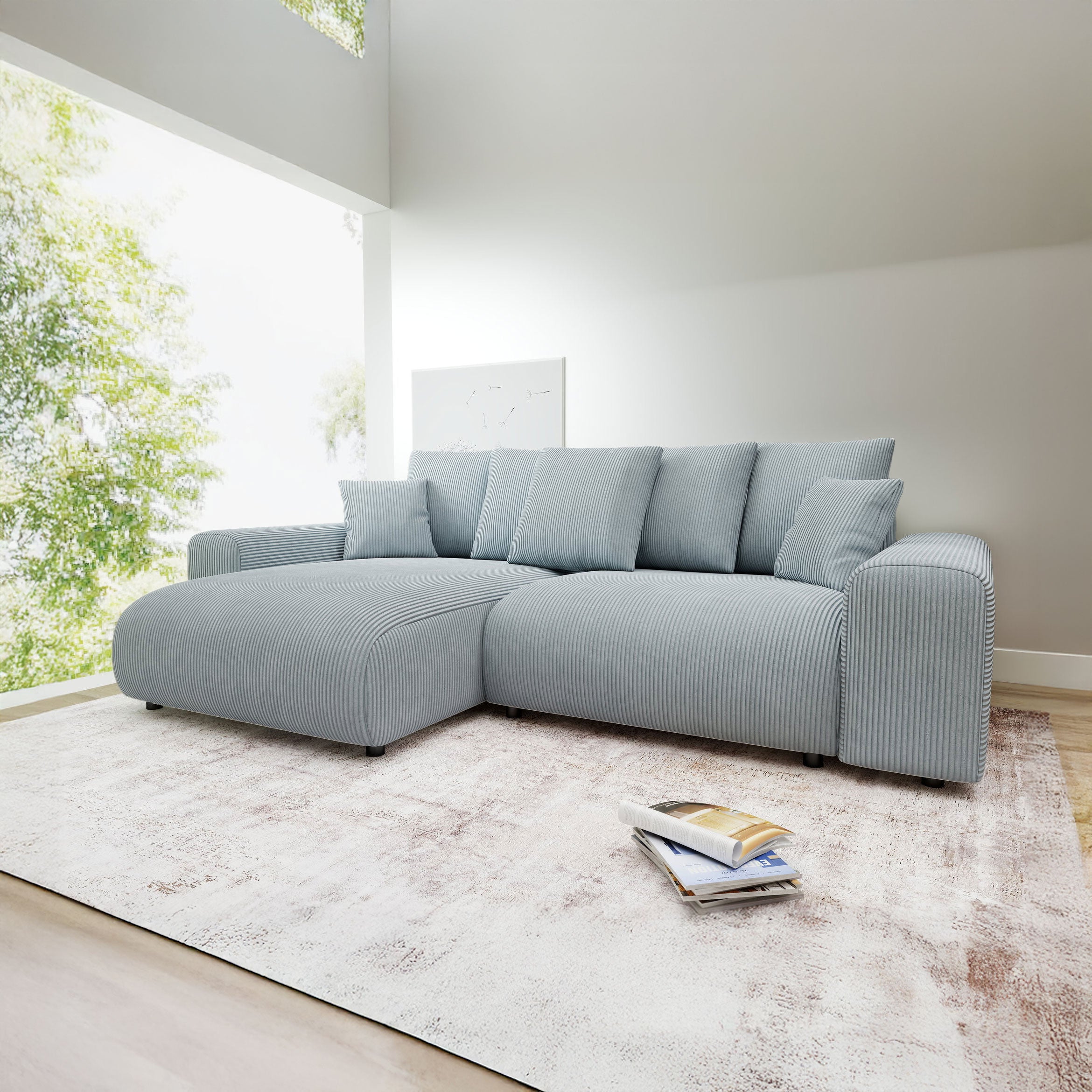 Colțar extensibil dumonde cu ladă de depozitare și șezut confortabil din spumă HR, Luma Zoom Gri Mint 255x168 cm