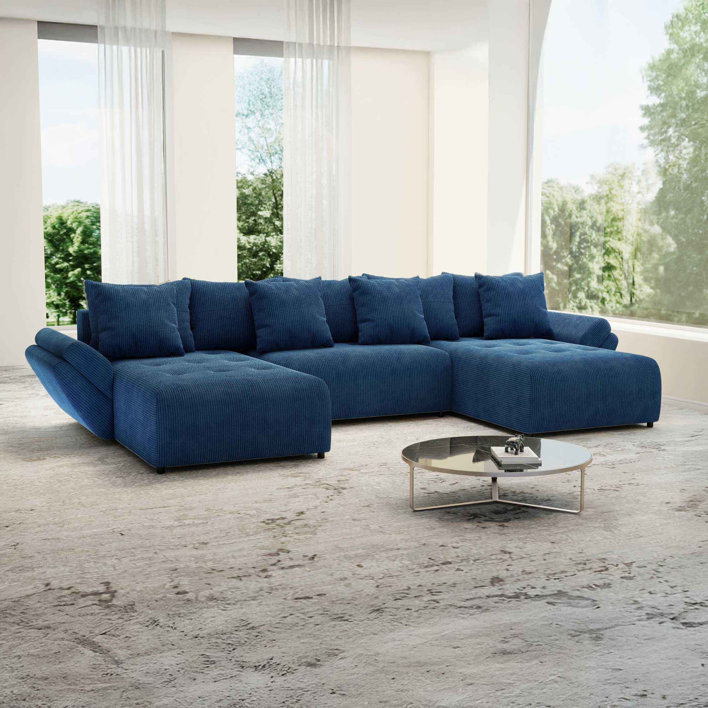 Colțar extensibil dumonde cu ladă de depozitare si sezut confortabil din spuma HR, Berlin U Zoom Blue 380x180 cm