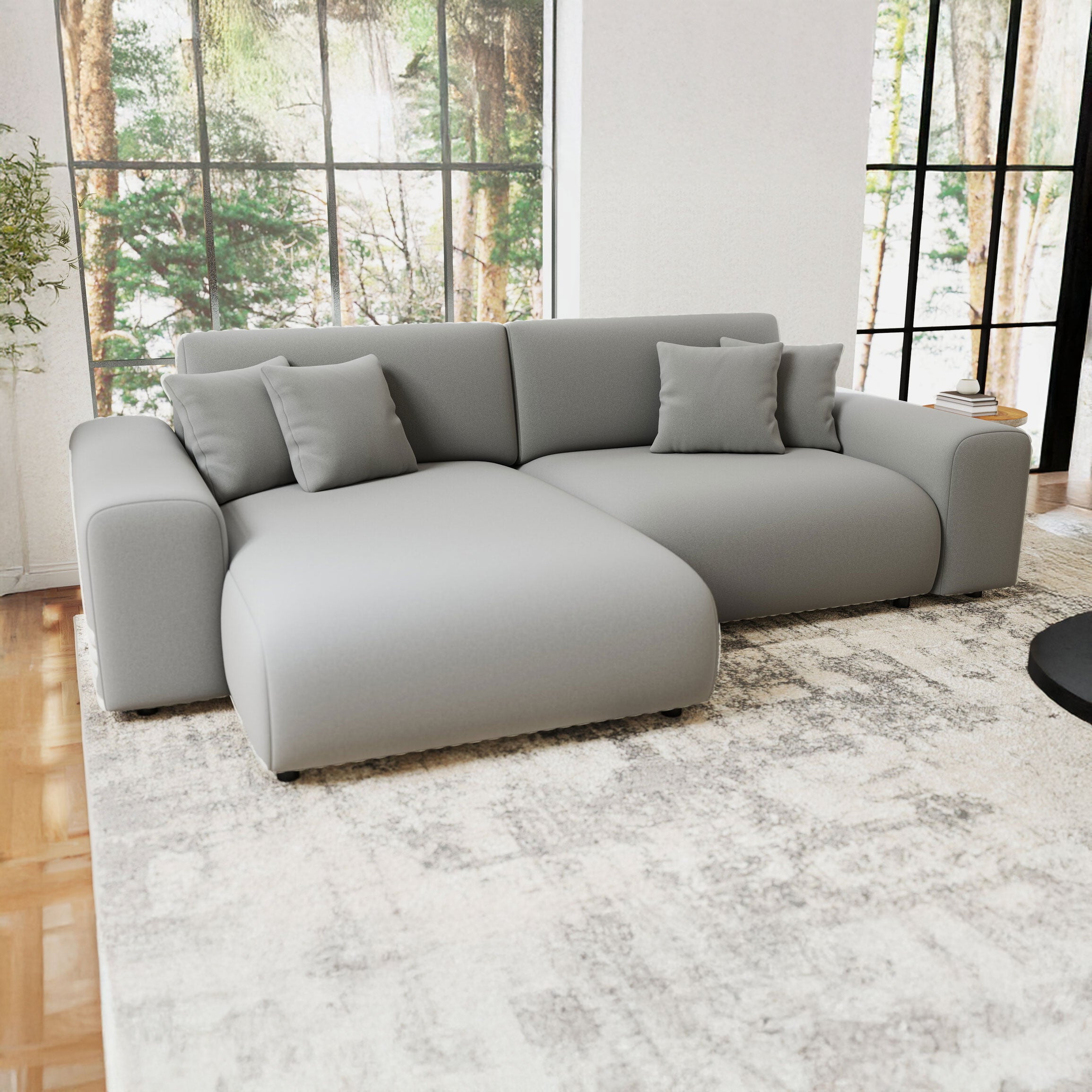 Colțar extensibil dumonde cu ladă de depozitare si sezut confortabil din spuma HR, Sarina Royal Gri 255x168 cm