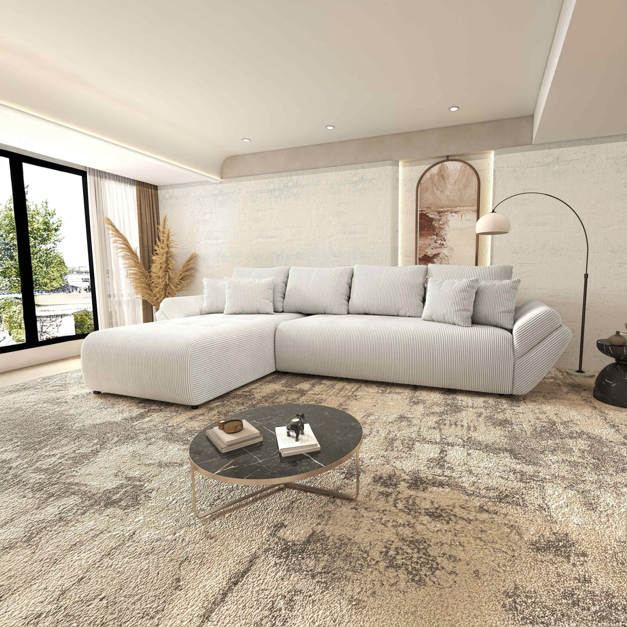 Colțar extensibil dumonde cu ladă de depozitare si sezut confortabil din spuma HR, Berlin XL Zoom Crem 350x185 cm