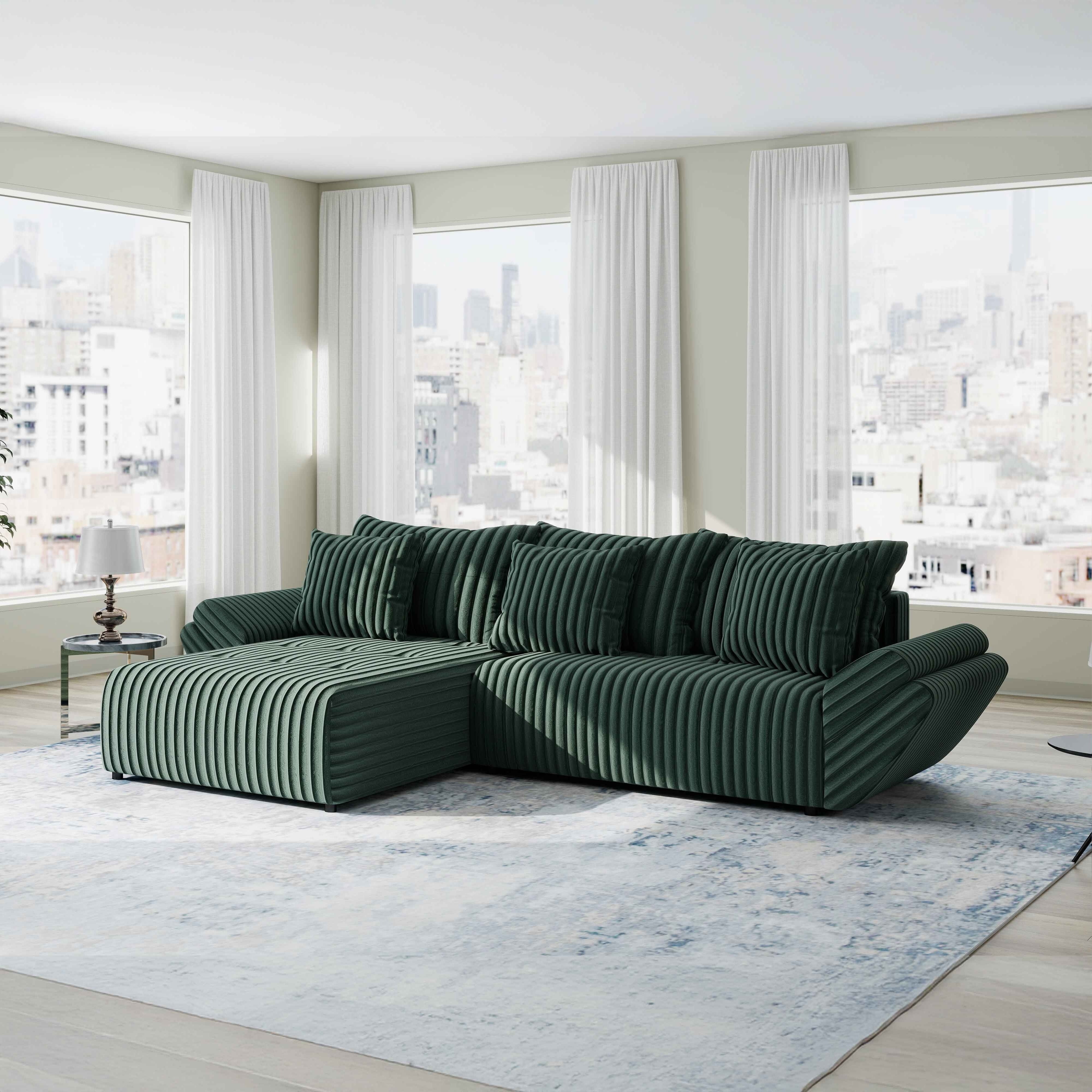 Colțar extensibil dumonde cu ladă de depozitare si sezut confortabil din spuma HR, Berlin Ambience Verde 280x185 cm