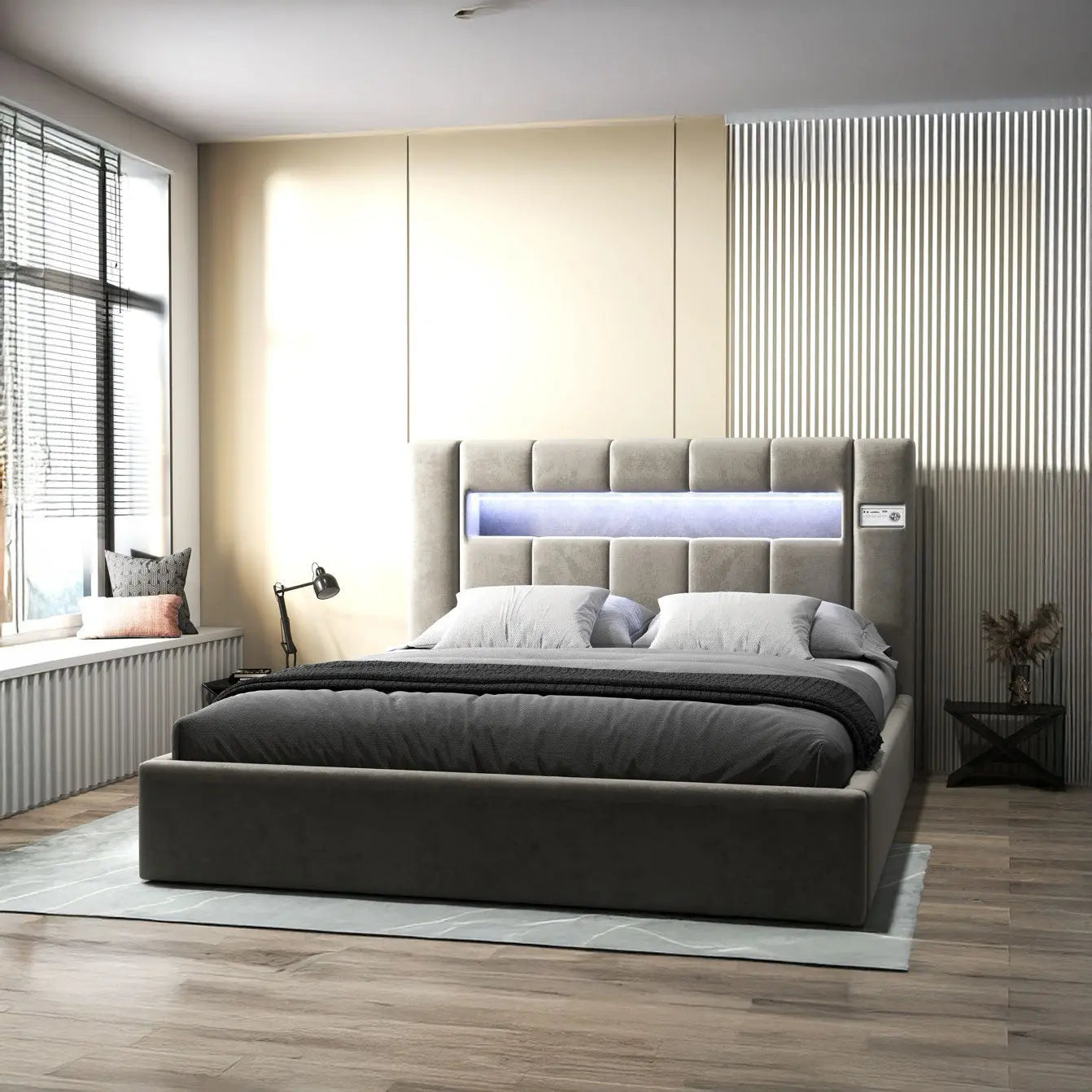 Pat dormitor dumonde, tapitat bej, Glow 160x200 cm, somiera rabatabila inclusa, spatiu depozitare WLS