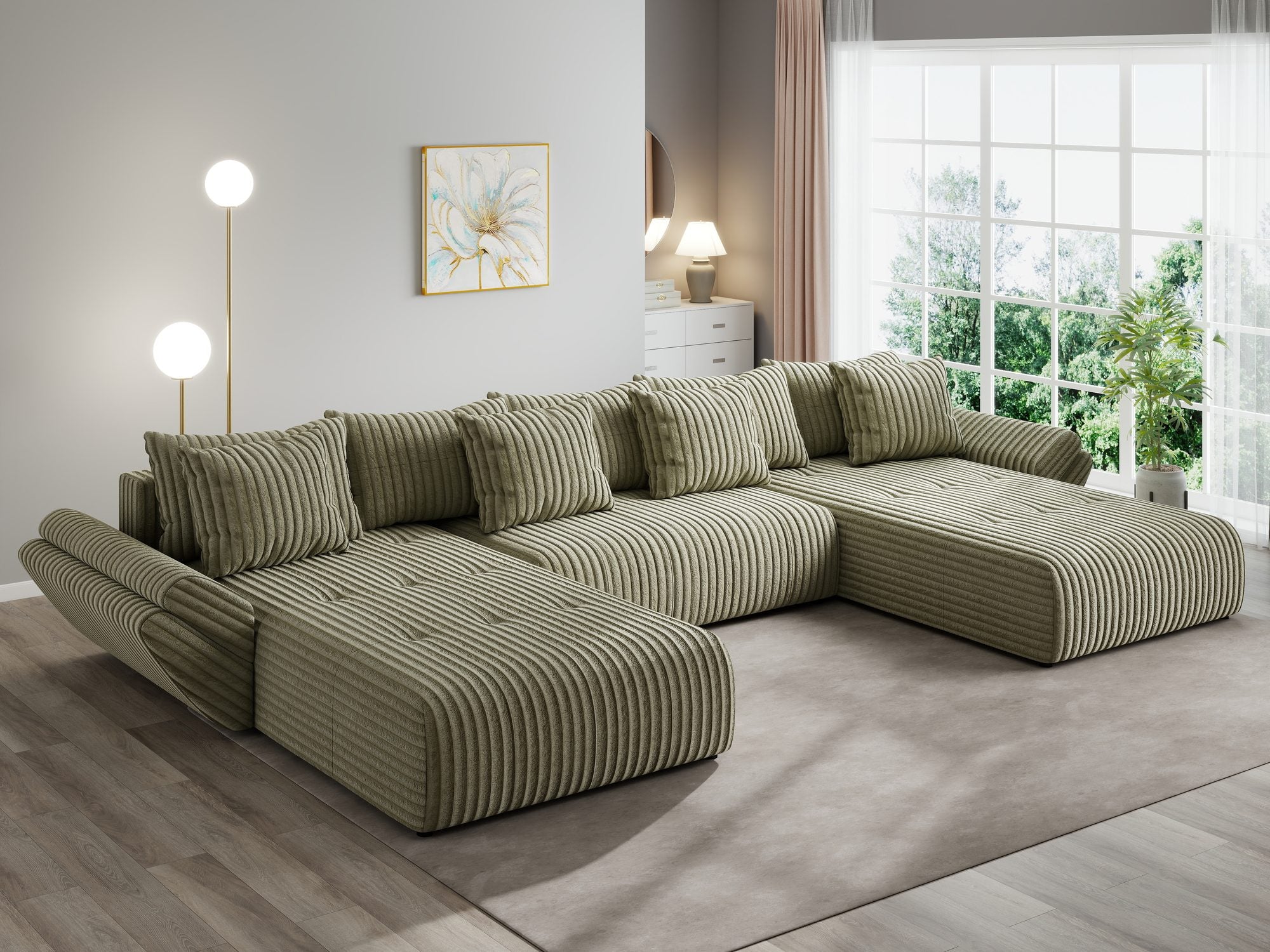 Colțar extensibil dumonde cu ladă de depozitare si sezut confortabil din spuma high-density, Berlin U Tilia Verde Olive 37 380x180 cm