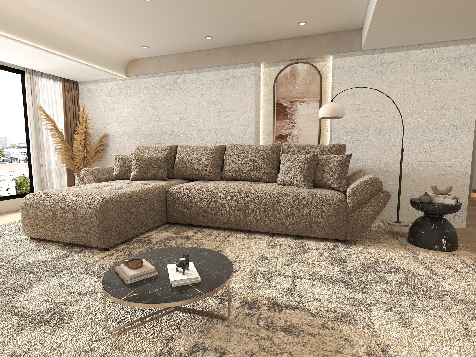 Colțar extensibil dumonde cu ladă de depozitare si sezut confortabil din spuma high-density, Berlin XL Jaguar Maro Cappuccino 8 350x185 cm