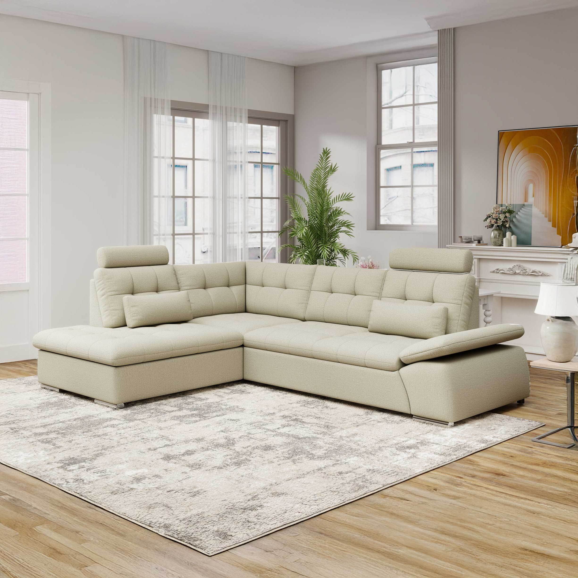 Colțar extensibil dumonde cu ladă de depozitare și șezut confortabil din spumă HR, Merkur XL Enjoy Bej 256x217 cm