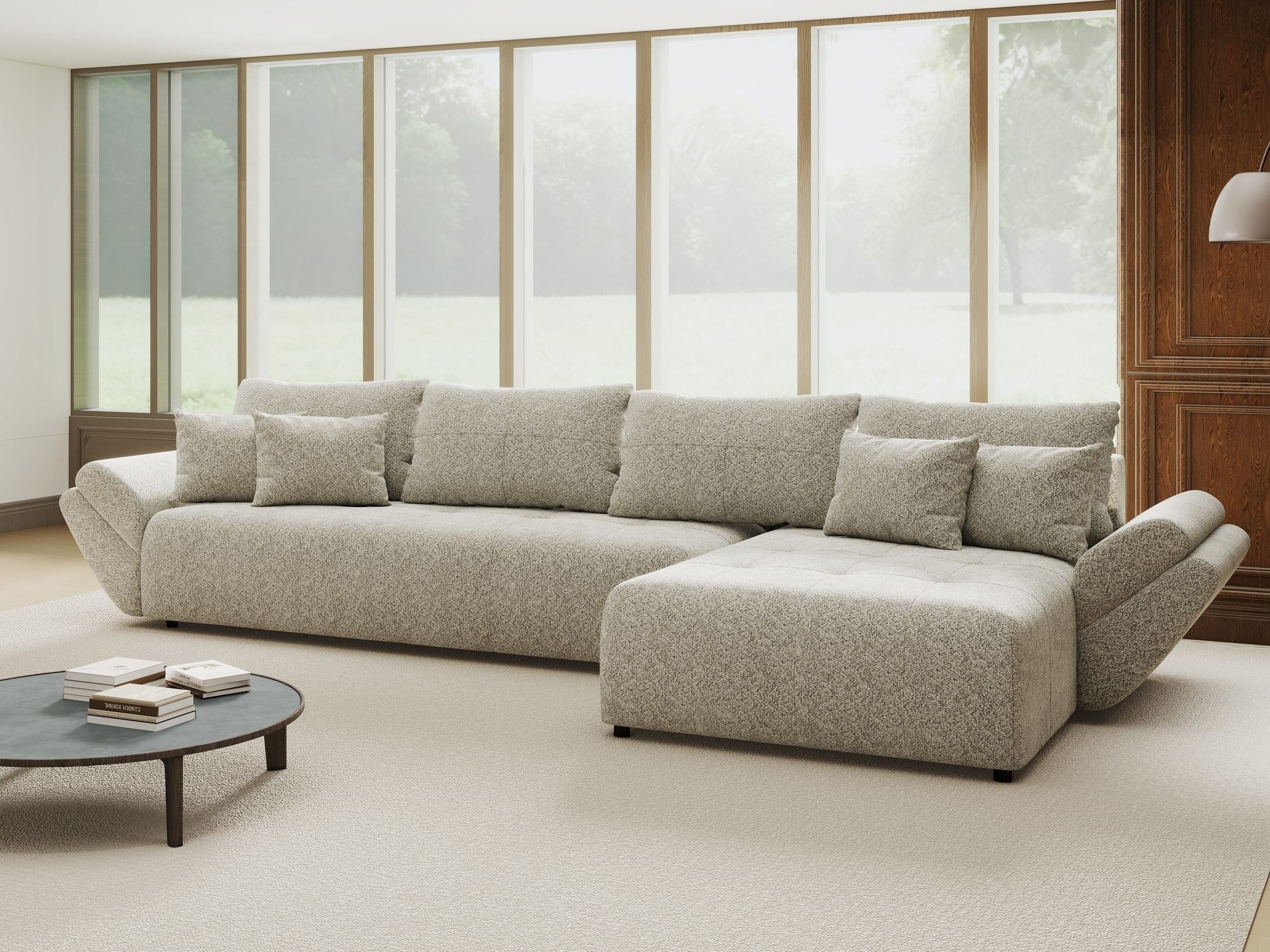 Colțar extensibil dumonde cu ladă de depozitare si sezut confortabil din spuma high-density, Berlin XL Arena Bej 2 II 350x185 cm