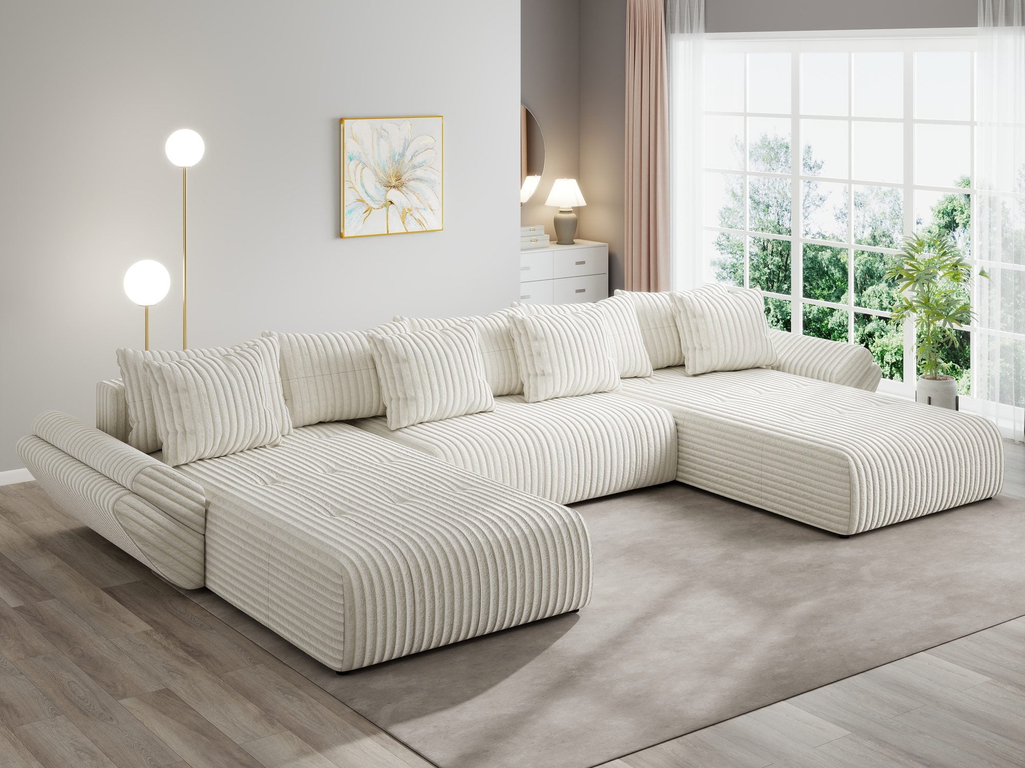 Colțar extensibil dumonde cu ladă de depozitare si sezut confortabil din spuma high-density, Berlin U Tilia Bej 01 380x180 cm