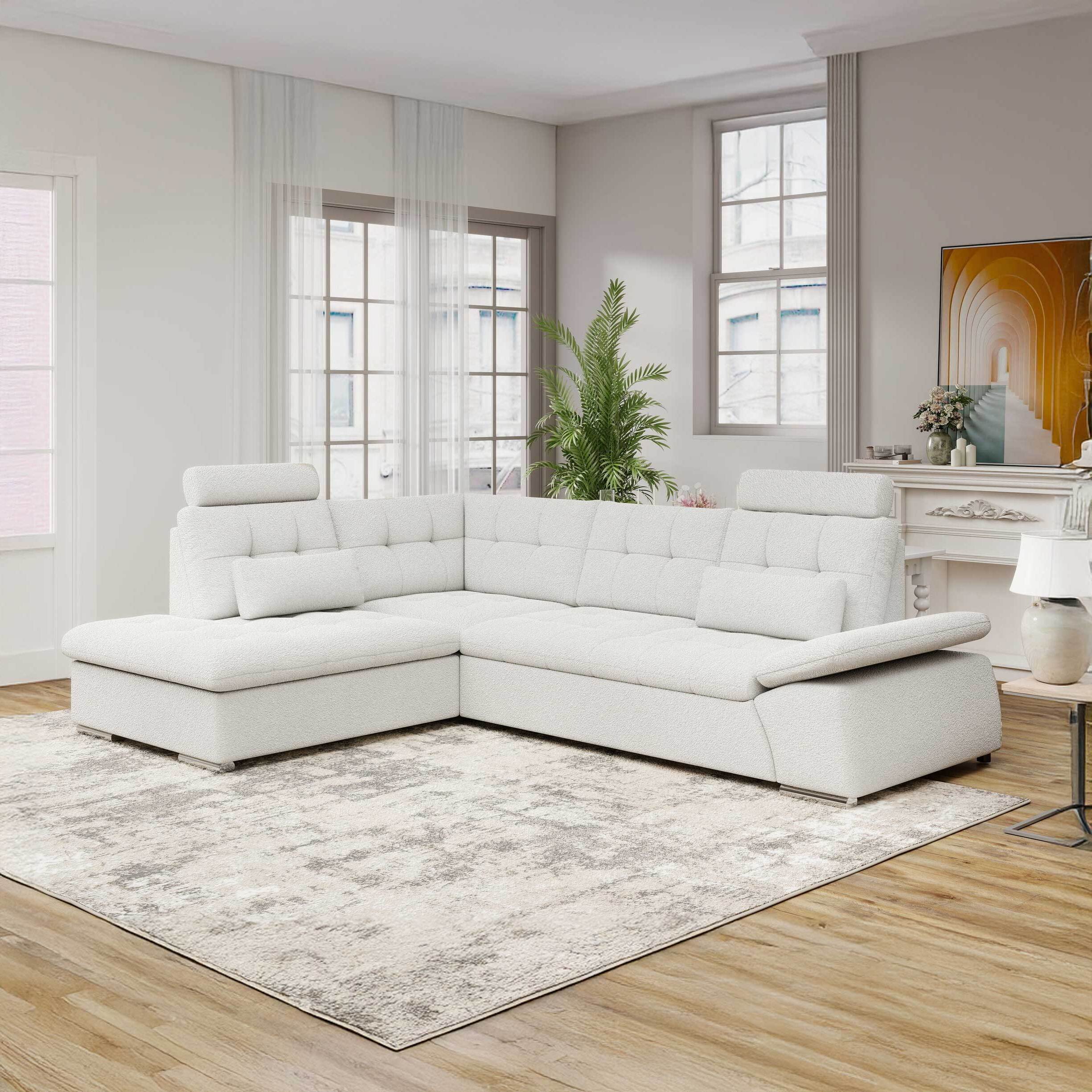 Colțar extensibil dumonde cu ladă de depozitare și șezut confortabil din spumă HR, Merkur XL Euphoria Alb 256x217 cm