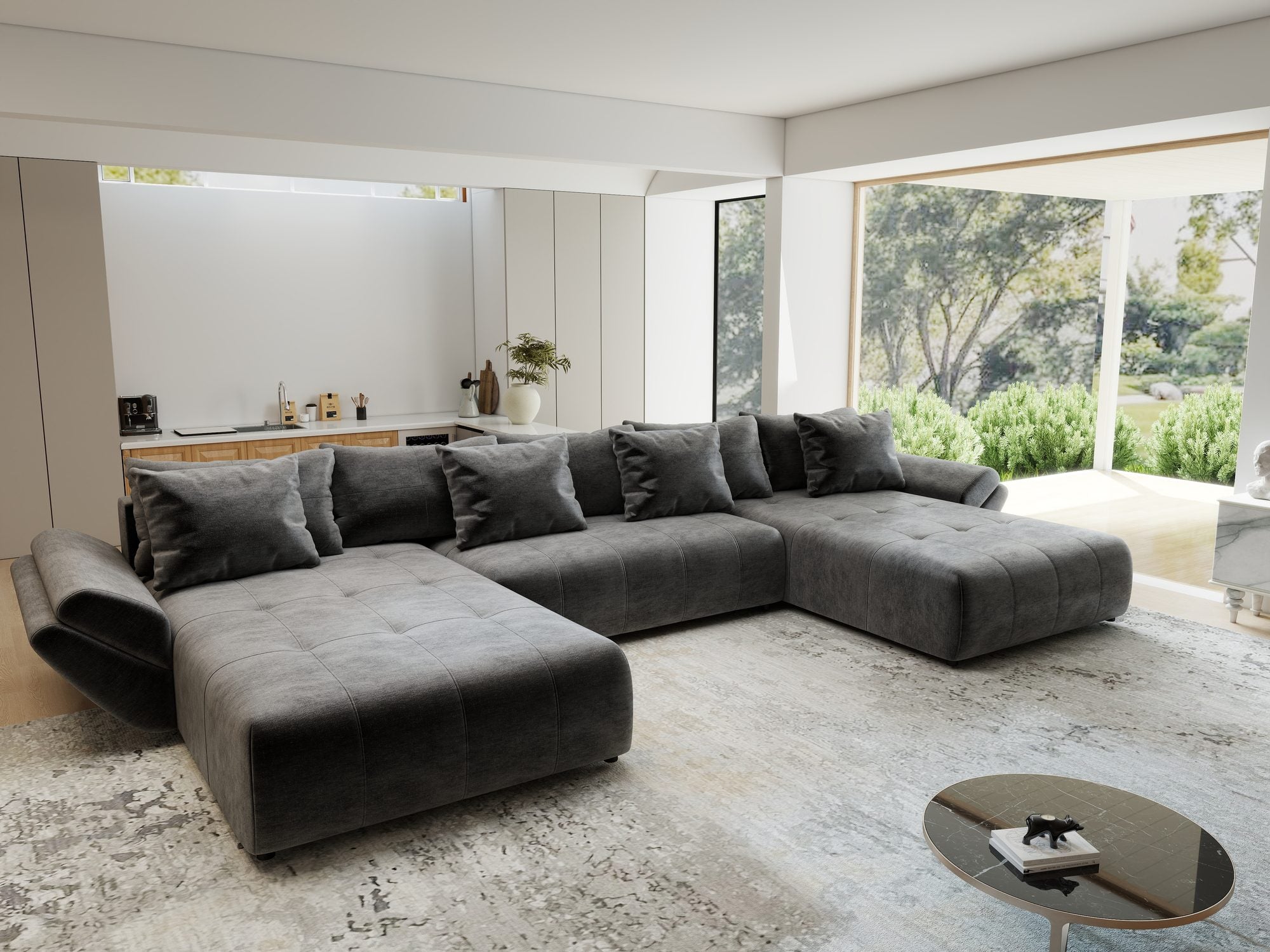 Colțar extensibil dumonde cu ladă de depozitare si sezut confortabil din spuma high-density, Berlin U Monolith Gri Antracit 97 380x180 cm