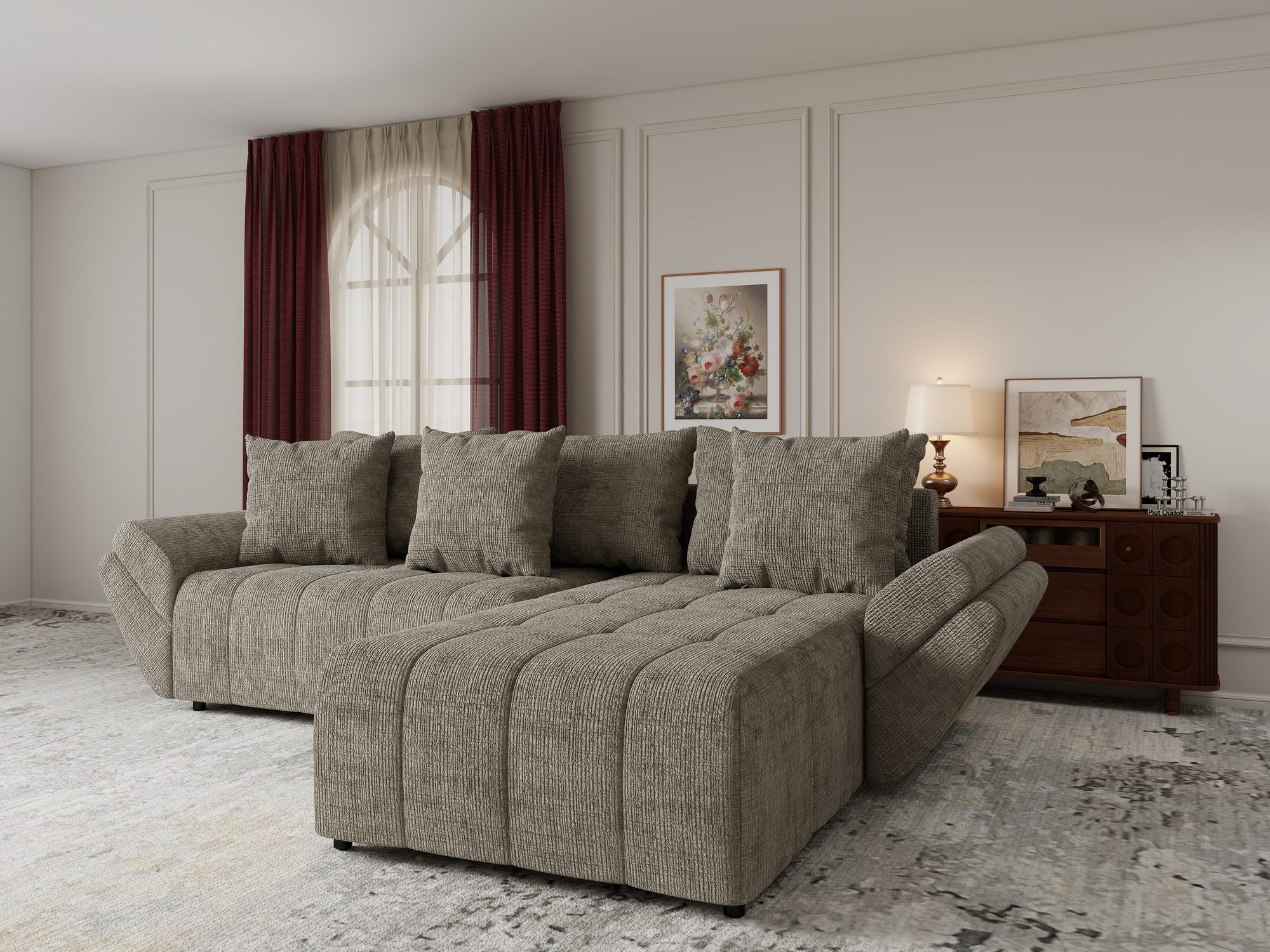 Colțar extensibil dumonde cu ladă de depozitare si sezut confortabil din spuma high-density, Berlin Cremona Bej 14 II 280x185 cm