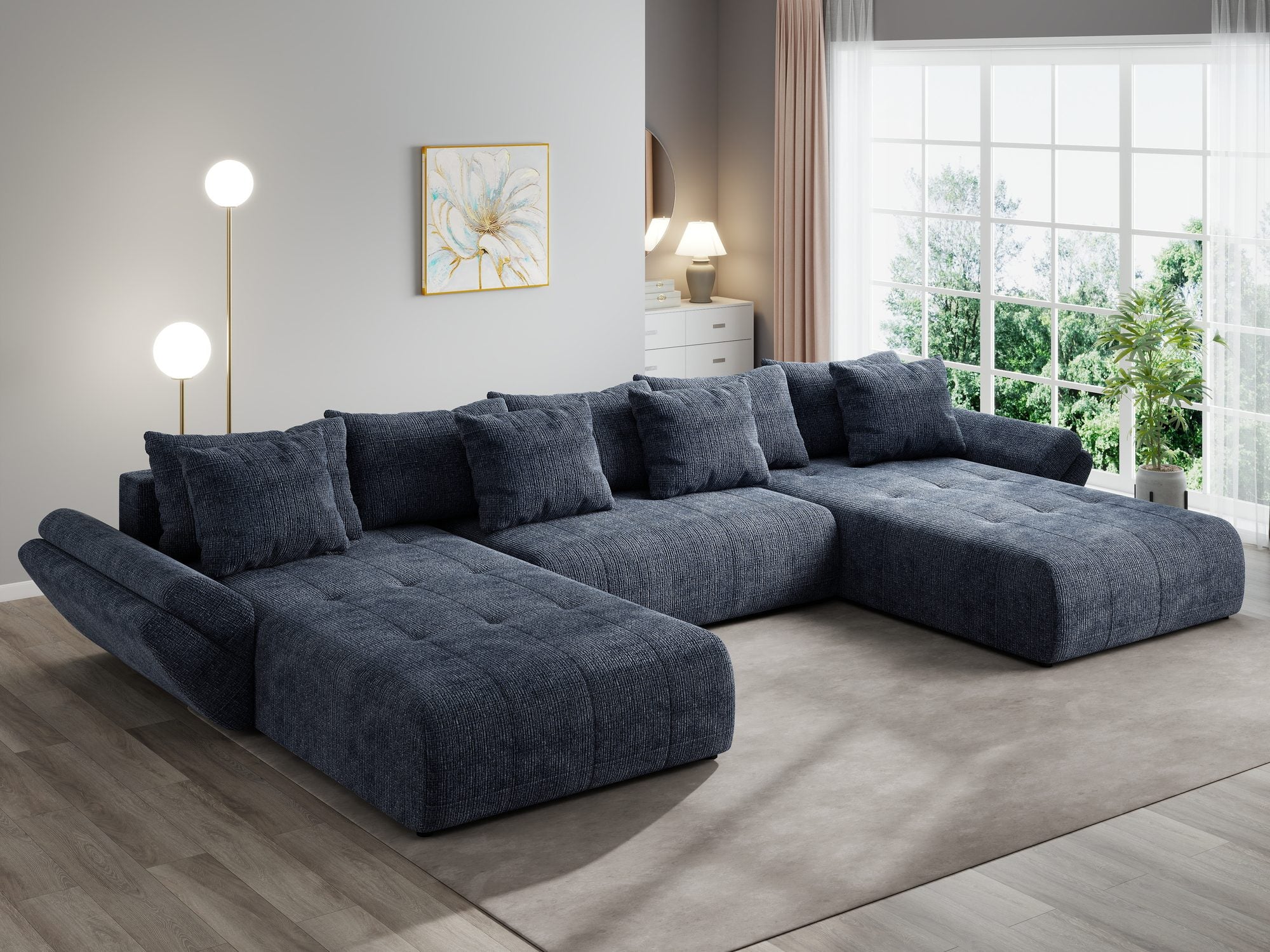 Colțar extensibil dumonde cu ladă de depozitare si sezut confortabil din spuma high-density, Berlin U Cremona Albastru 79 380x180 cm
