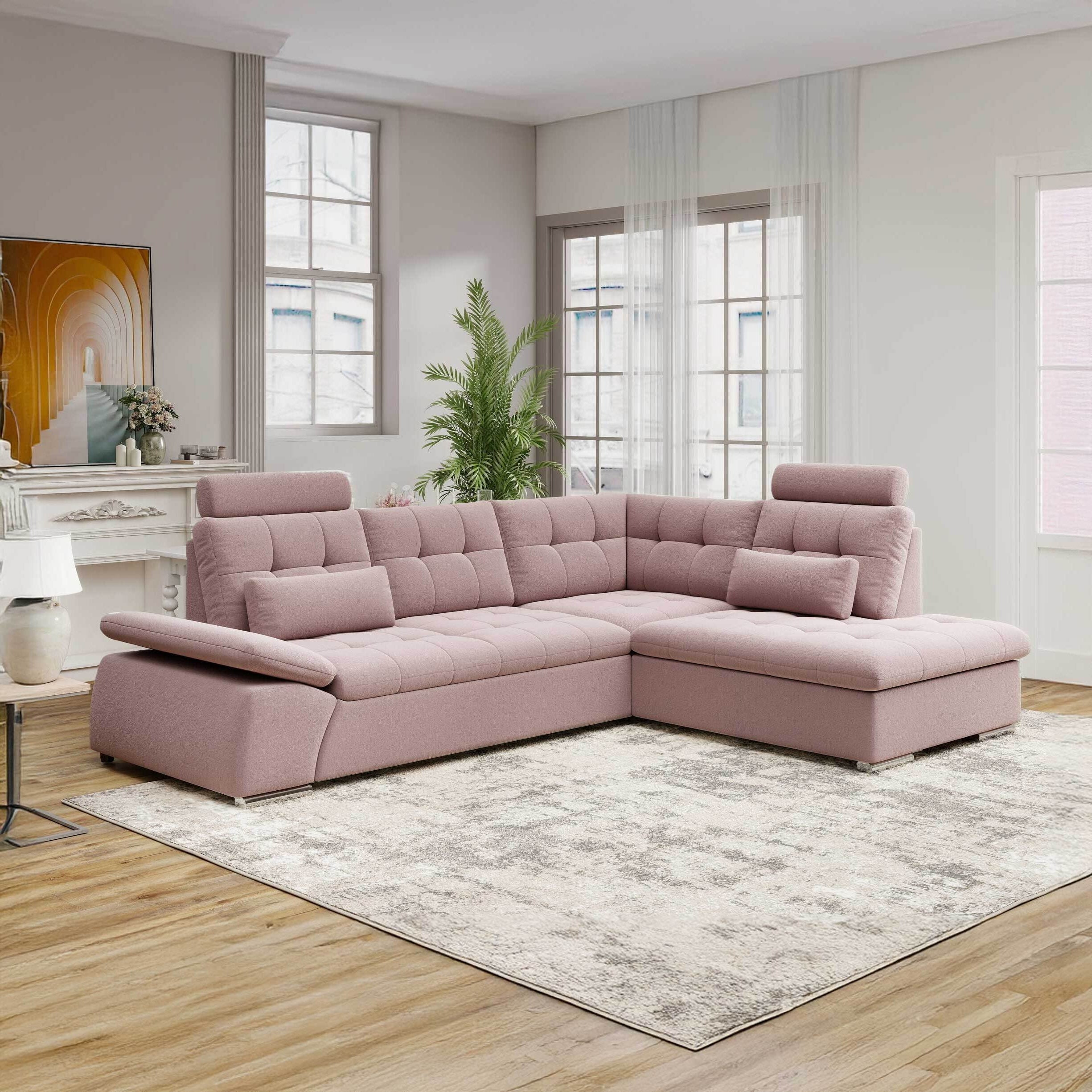 Colțar extensibil dumonde cu ladă de depozitare și șezut confortabil din spumă HR, Merkur XL Royal Roz 256x217 cm II