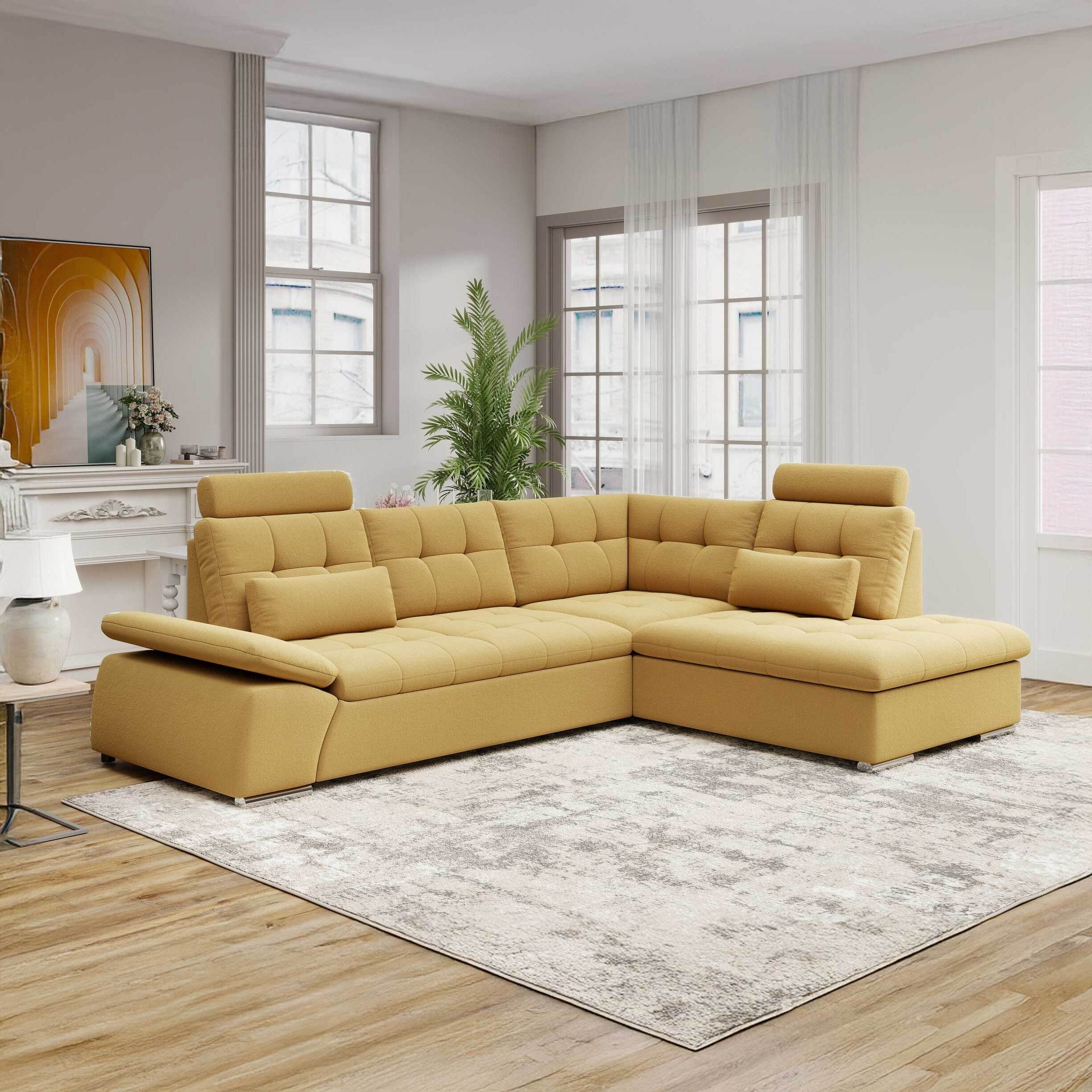 Colțar extensibil dumonde cu ladă de depozitare și șezut confortabil din spumă HR, Merkur XL Royal Mustar 256x217 cm II