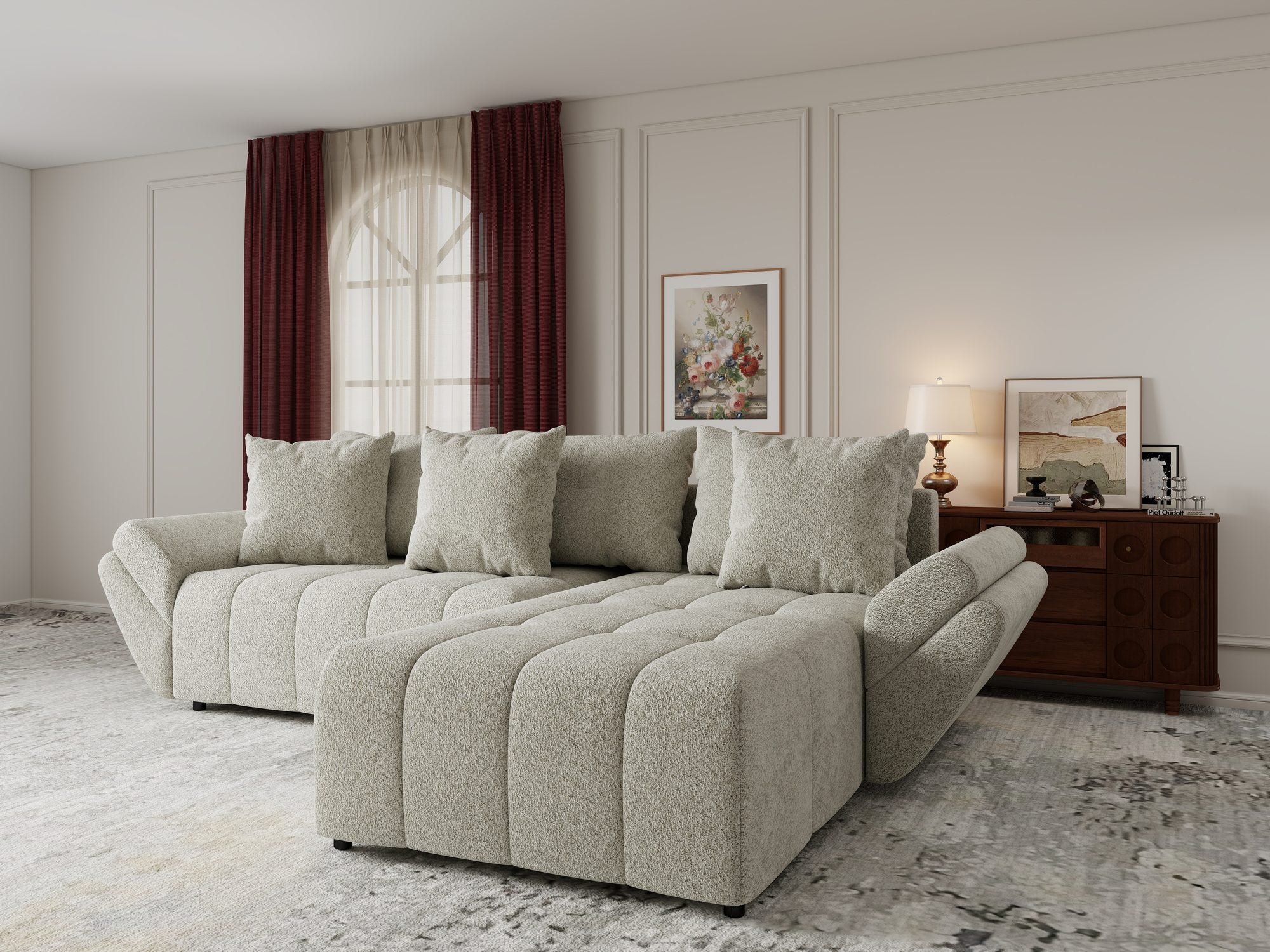 Colțar extensibil dumonde cu ladă de depozitare si sezut confortabil din spuma high-density, Berlin Arena Bej 20 II 280x185 cm