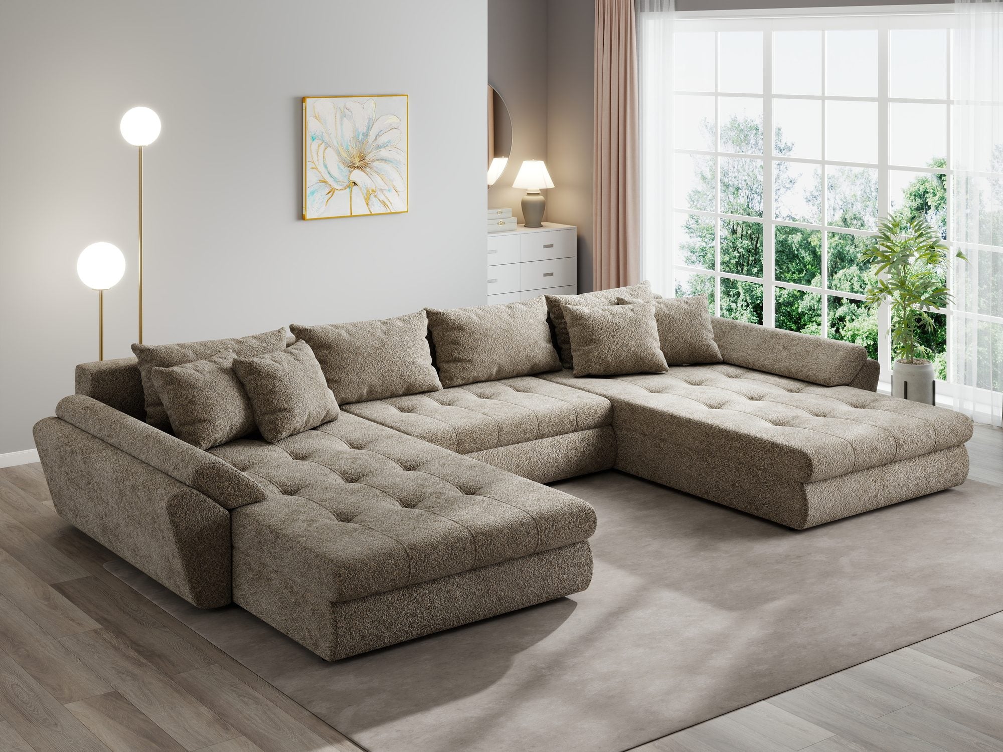 Colțar extensibil dumonde cu ladă de depozitare si sezut confortabil din spuma high-density, Loana U Arena Bej 4 355x185 cm