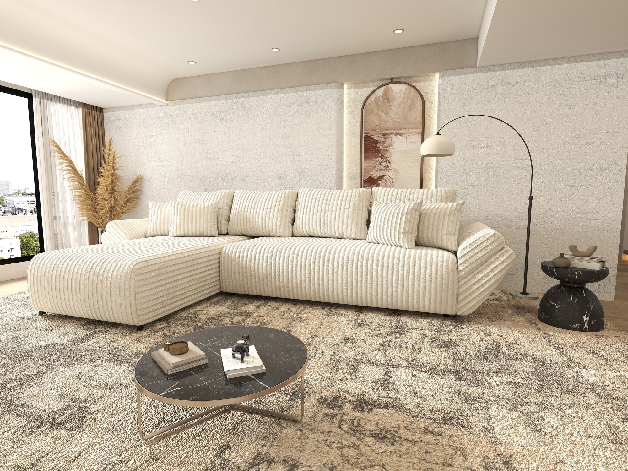 Colțar extensibil dumonde cu ladă de depozitare si sezut confortabil din spuma high-density, Berlin XL Tilia Bej 01 350x185 cm