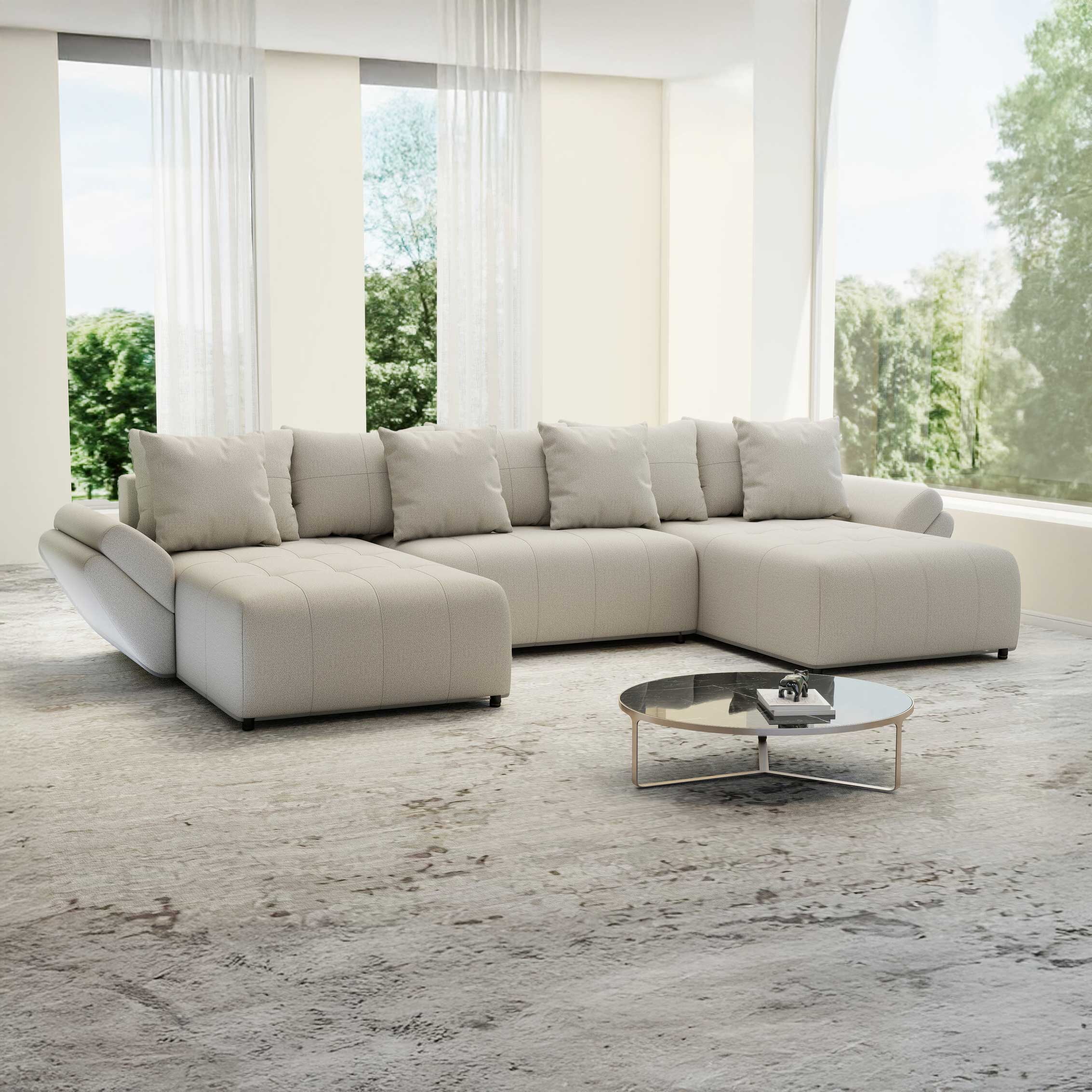 Colțar extensibil dumonde cu ladă de depozitare si sezut confortabil din spuma HR, Berlin U Enjoy Bej 380x180 cm