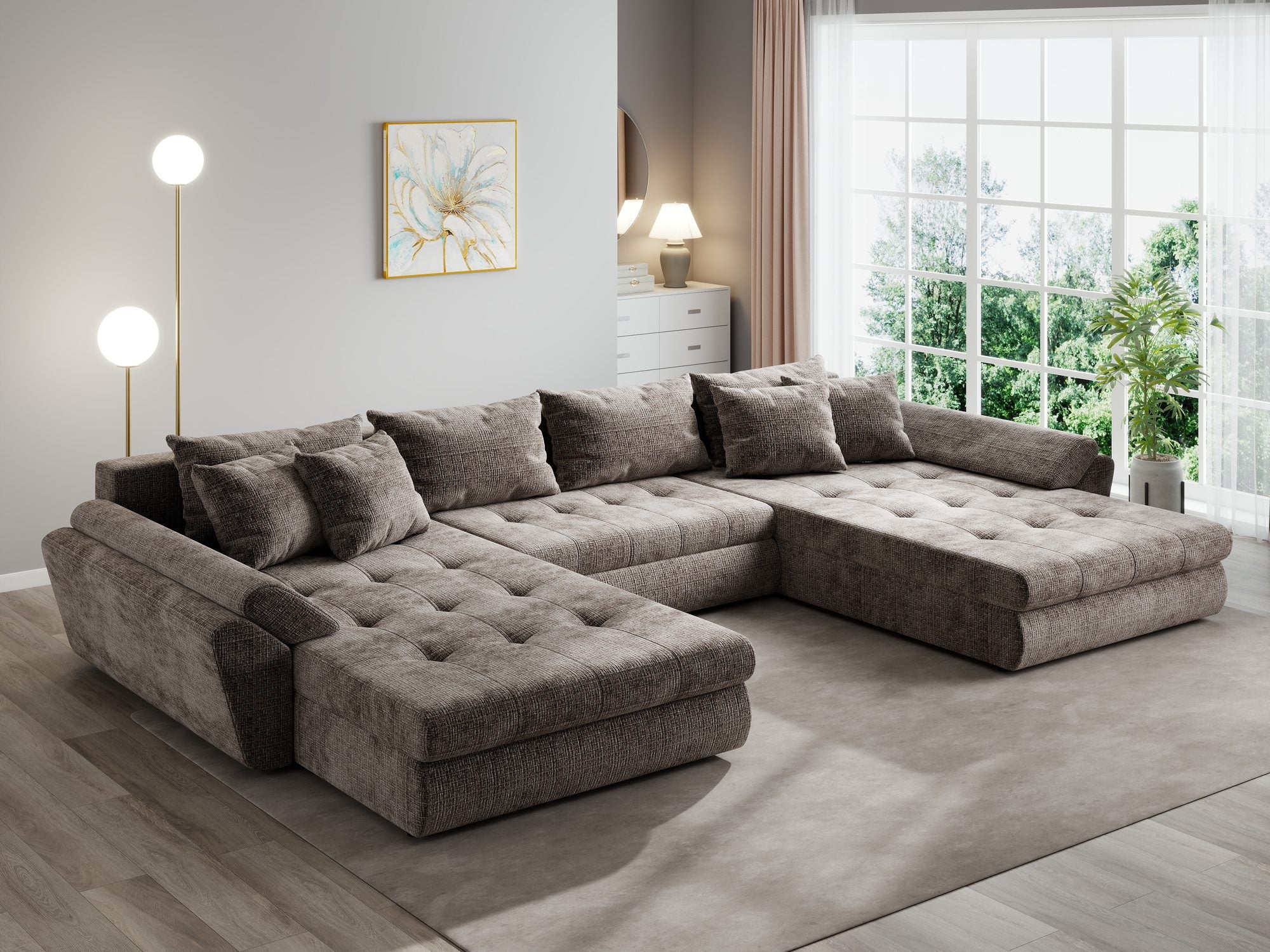 Colțar extensibil dumonde cu ladă de depozitare si sezut confortabil din spuma high-density, Loana U Cremona Maro-bej 24 355x185 cm