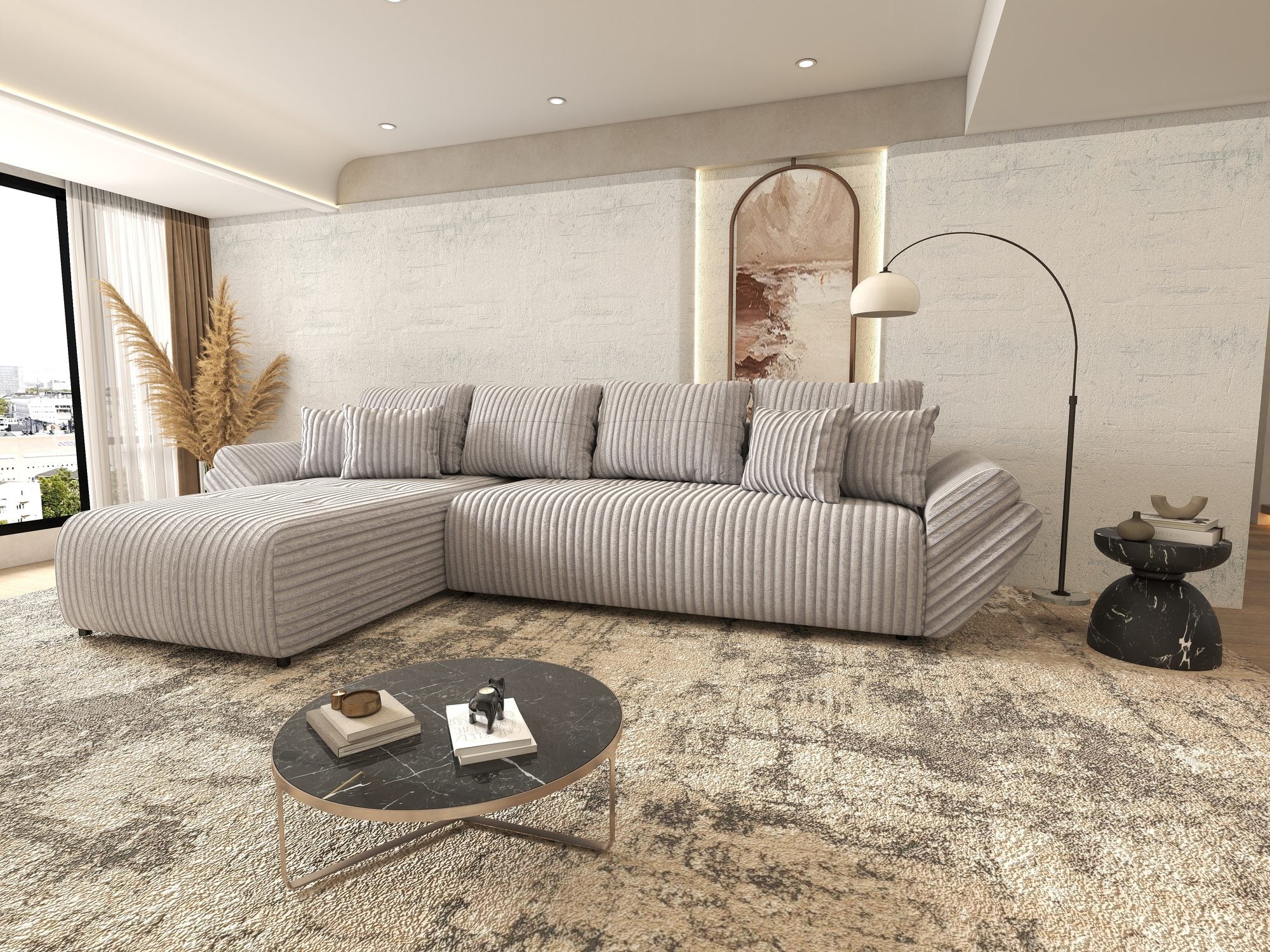 Colțar extensibil dumonde cu ladă de depozitare si sezut confortabil din spuma high-density, Berlin XL Tilia Gri 86 350x185 cm