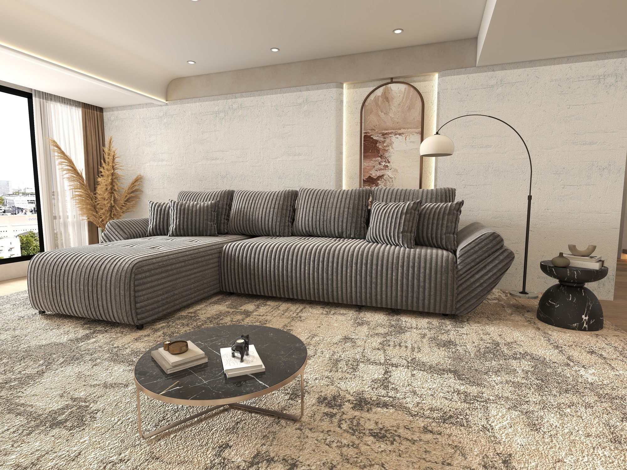 Colțar extensibil dumonde cu ladă de depozitare si sezut confortabil din spuma high-density, Berlin XL Tilia Gri 90 350x185 cm