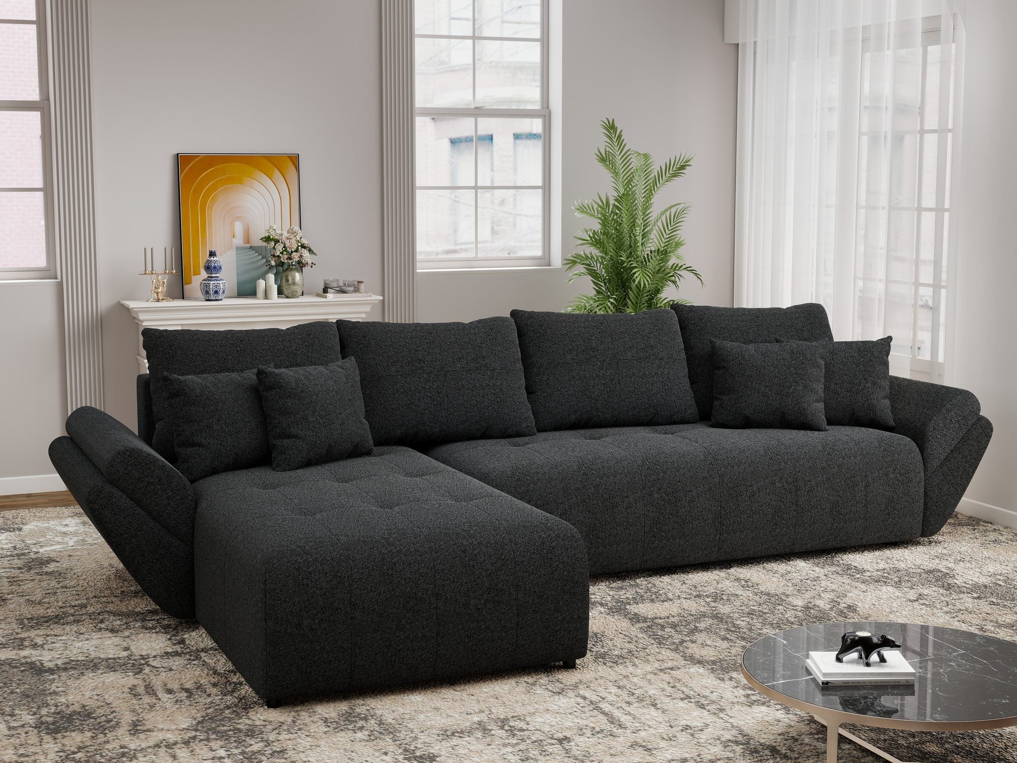 Colțar extensibil dumonde cu ladă de depozitare si sezut confortabil din spuma high-density, Berlin XL Monte Negru 99 350x185 cm