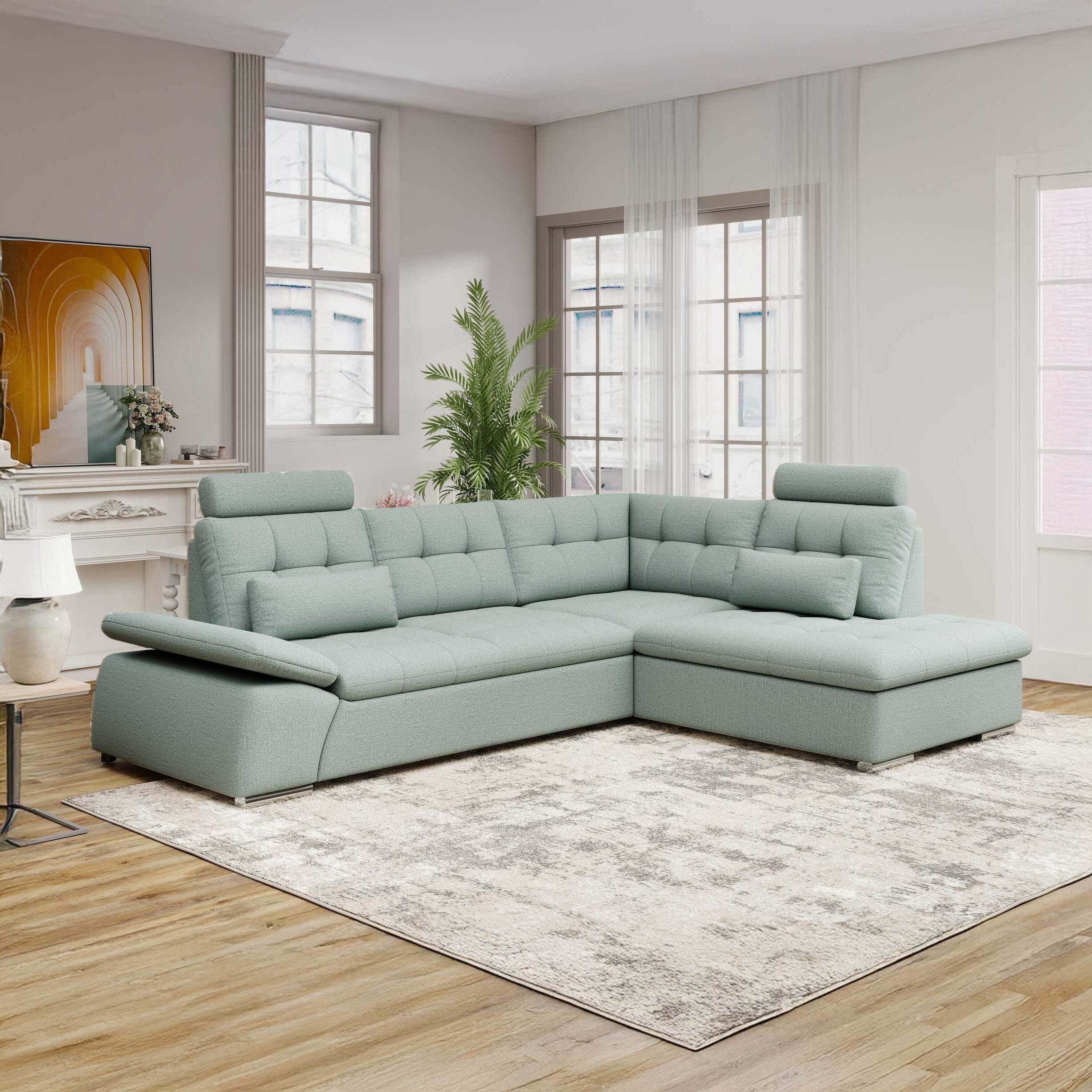 Colțar extensibil dumonde cu ladă de depozitare și șezut confortabil din spumă HR, Merkur XL Enjoy Verde Mint 256x217 cm II