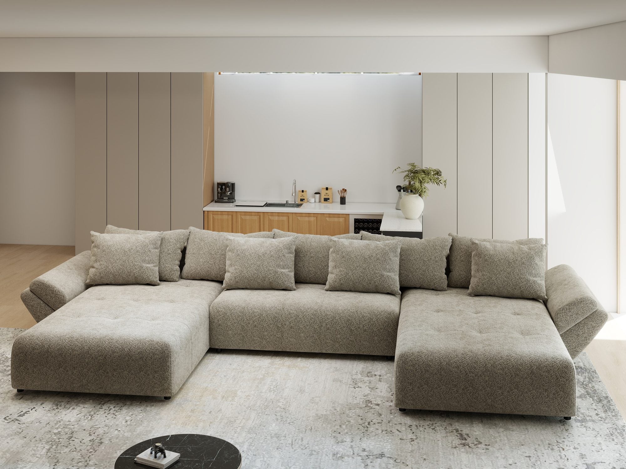 Colțar extensibil dumonde cu ladă de depozitare si sezut confortabil din spuma high-density, Berlin U Arena Bej 4 380x180 cm