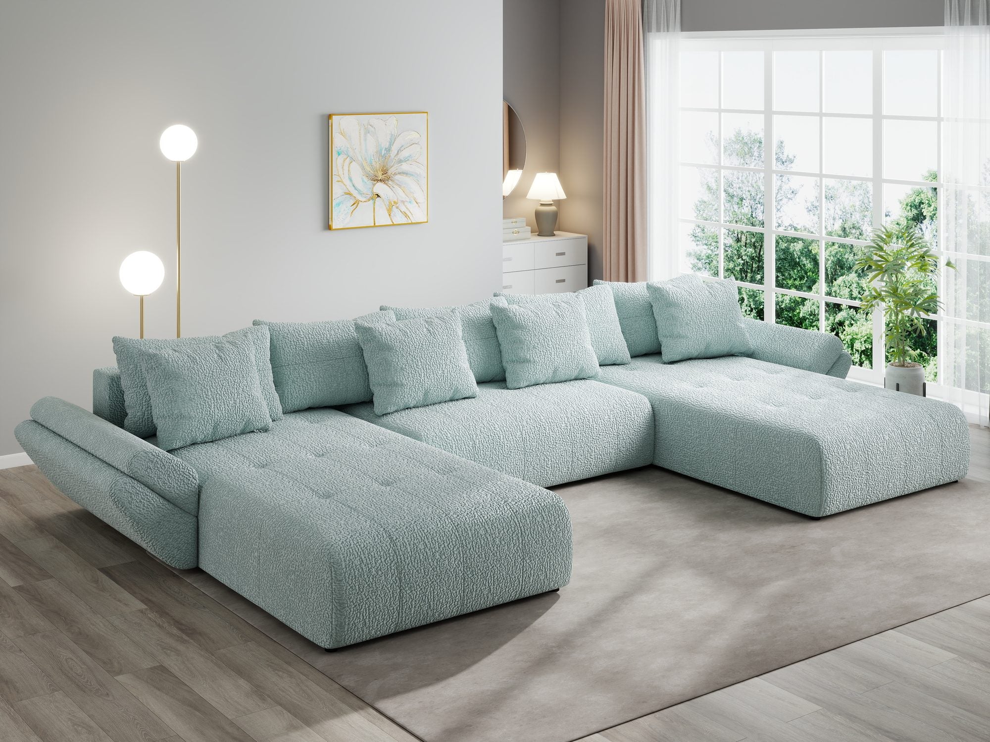 Colțar extensibil dumonde cu ladă de depozitare si sezut confortabil din spuma high-density, Berlin U Jaguar Verde Mint 16 380x180 cm
