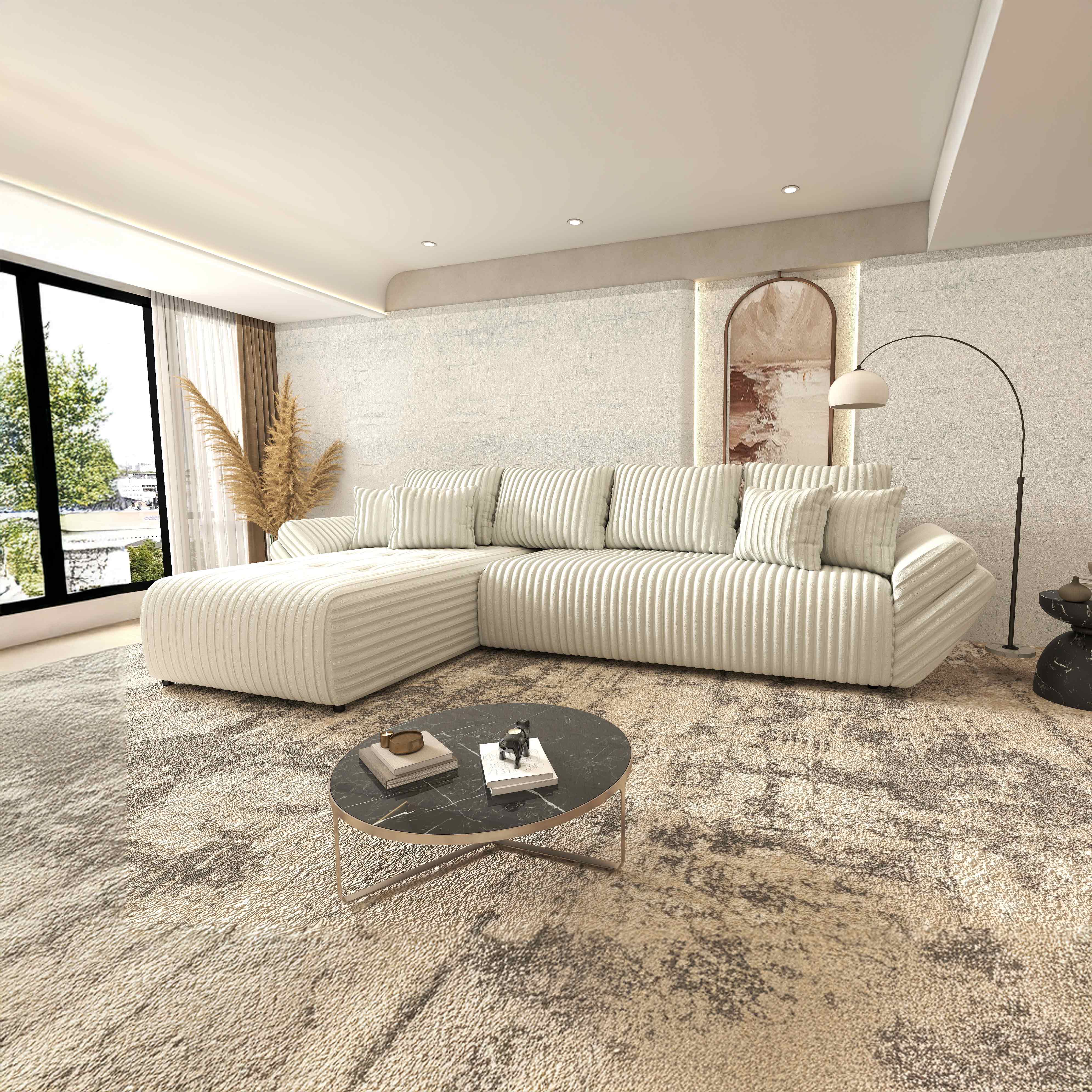 Colțar extensibil dumonde cu ladă de depozitare si sezut confortabil din spuma HR, Berlin XL Ambience Ivory 350x185 cm