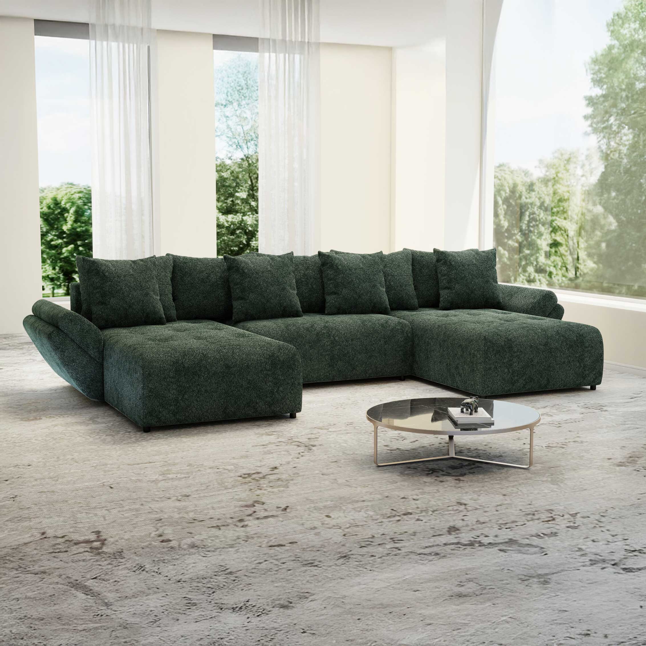 Colțar extensibil dumonde cu ladă de depozitare si sezut confortabil din spuma HR, Berlin U Euphoria Verde 380x180 cm